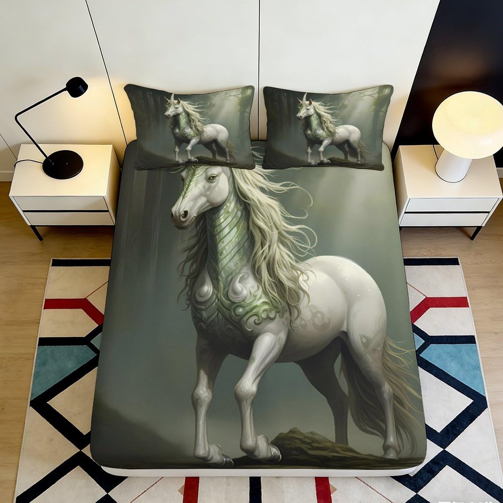 3D Printed Fantasy Unicorn Fitted Sheet Microfiber Non-Slip Bed Cover for Bedroom Dorm Mattress Protection Decor 160x200x25cm