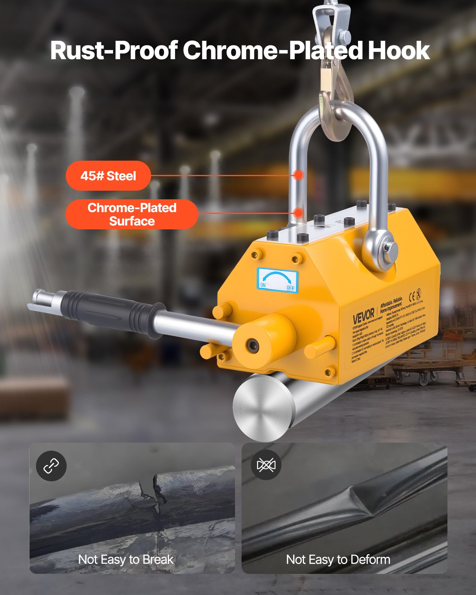 VEVOR Aimant de Levage Permanent Capacité de Traction 600 kg, Porteur Magnétique en Néodyme N42, avec Poignée de Déverrouillage et Crochet en Acier, Outil pour Manutention Tôle Pièces Métalliques