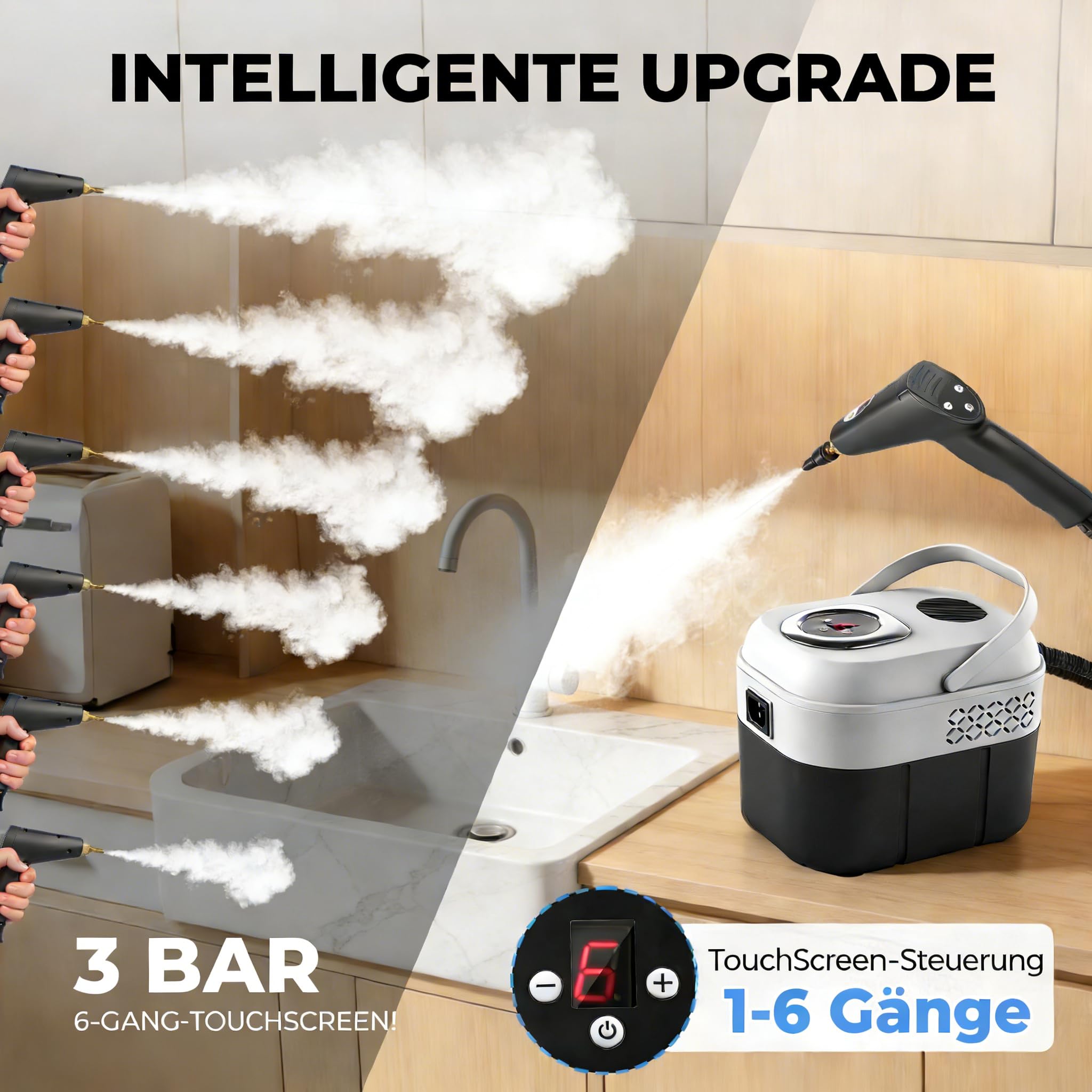 Dampfreiniger Handgerät 2500W für Haus & Auto,Tragbarer Handdampfreiniger mit 6 Dampfstufen,15s Schnelles Aufheizen & 1,7L Wassertank, Multifunktionaler Haushaltsdampfreiniger für Boden Teppich Sofa