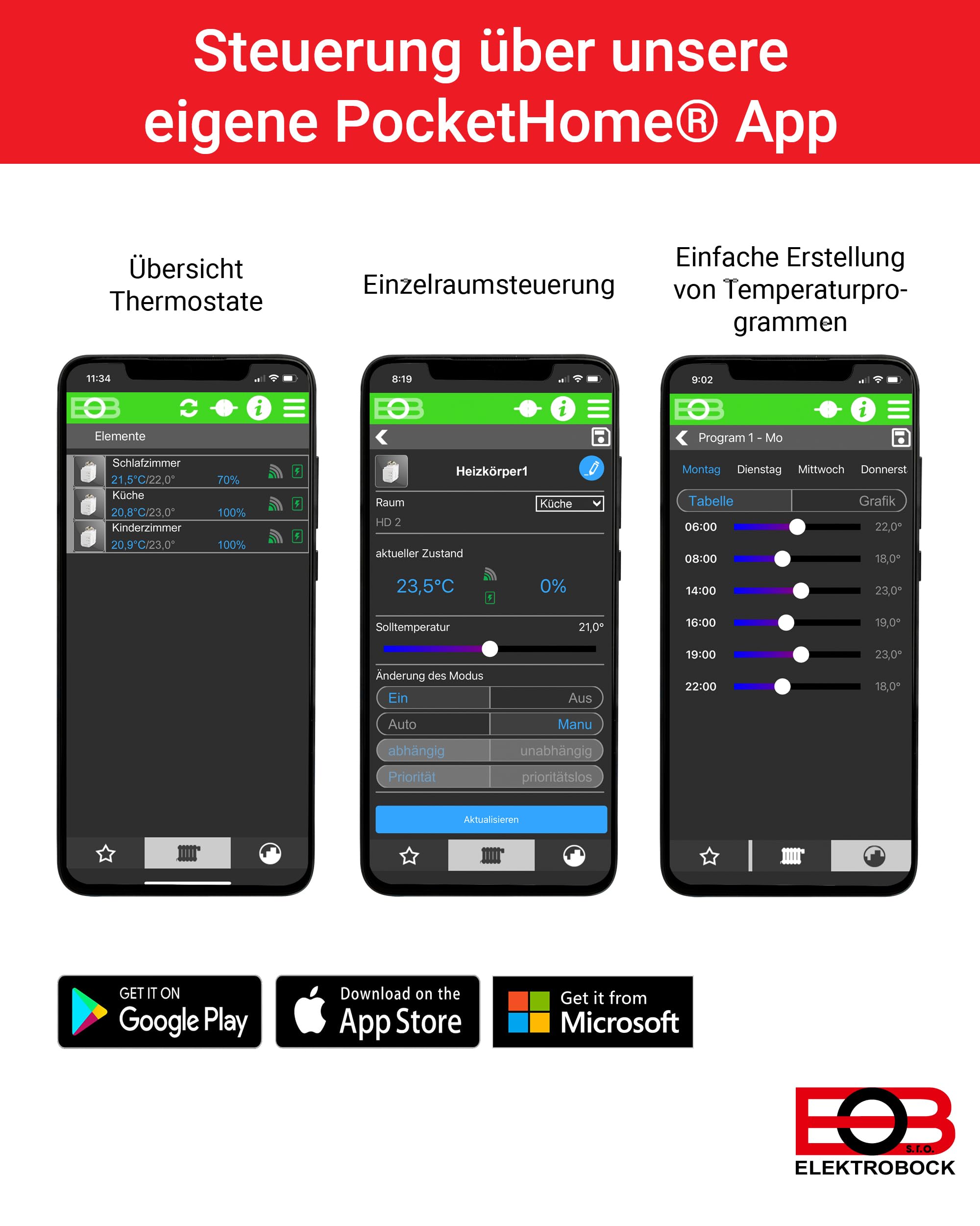 ELEKTROBOCK PH-Starter Pack1 - Controllo del riscaldamento tramite app - 3 termostati per radiatori con gateway - Controllo della temperatura centralizzato - Smart Home - Risparmio energetico