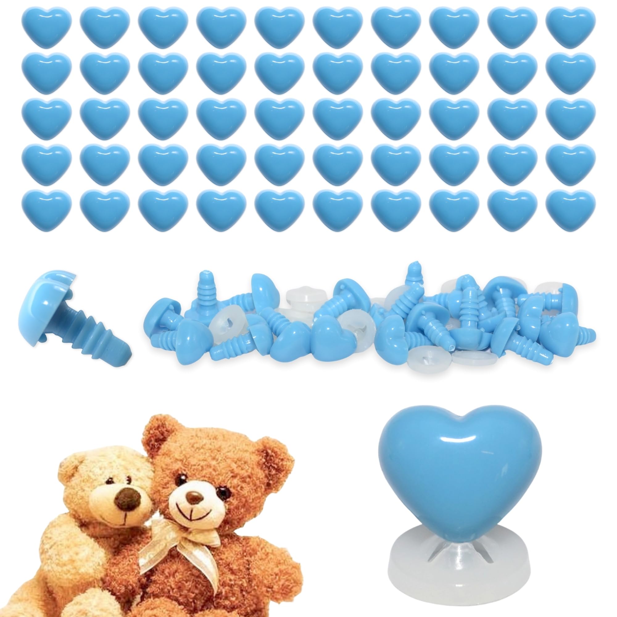 celloexpress 15mm x 13mm Deep Sky Blue Heart Noses with Plastic Backs - Safety Noses for Soft Toy Teddy Bear Animal Making (Pack of 100)