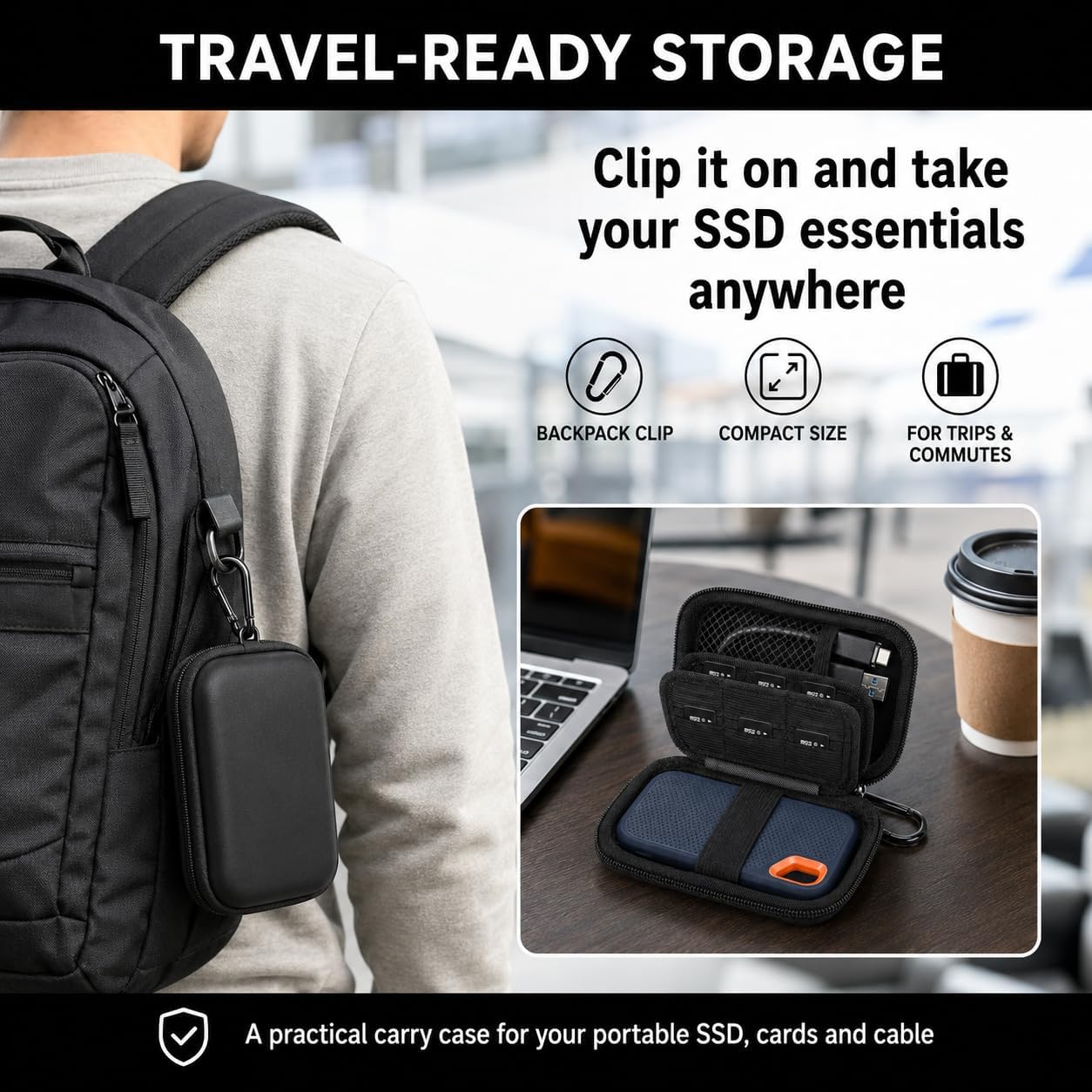 Case for SanDisk Extreme Portable SSD & Extreme PRO, Hard Shell Protective Storage Bag with Carabiner, Fits 1TB 2TB 4TB 8TB External Solid State Drive (Black with SD Card Pocket, for Sandisk V2)