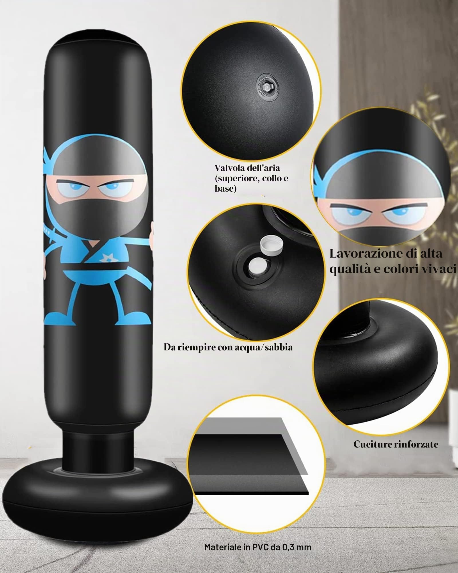 Sacco da Boxe Bambini 160cm Gonfiabile Ninja Sacco Boxe da Terra Bambino Sacco da Sabbia con Pompa ad Aria per Praticare MMA Karate Taekwondo e per Alleviare L'energia Repressa nei Bambini