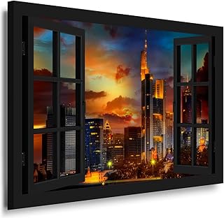 BOIKAL XXL203-21 Fensterblick Leinwand bild 3D Illusion - Fertig Gerahmte Bilder kein Poster - Wandbild 150 x 100 cm Grau...