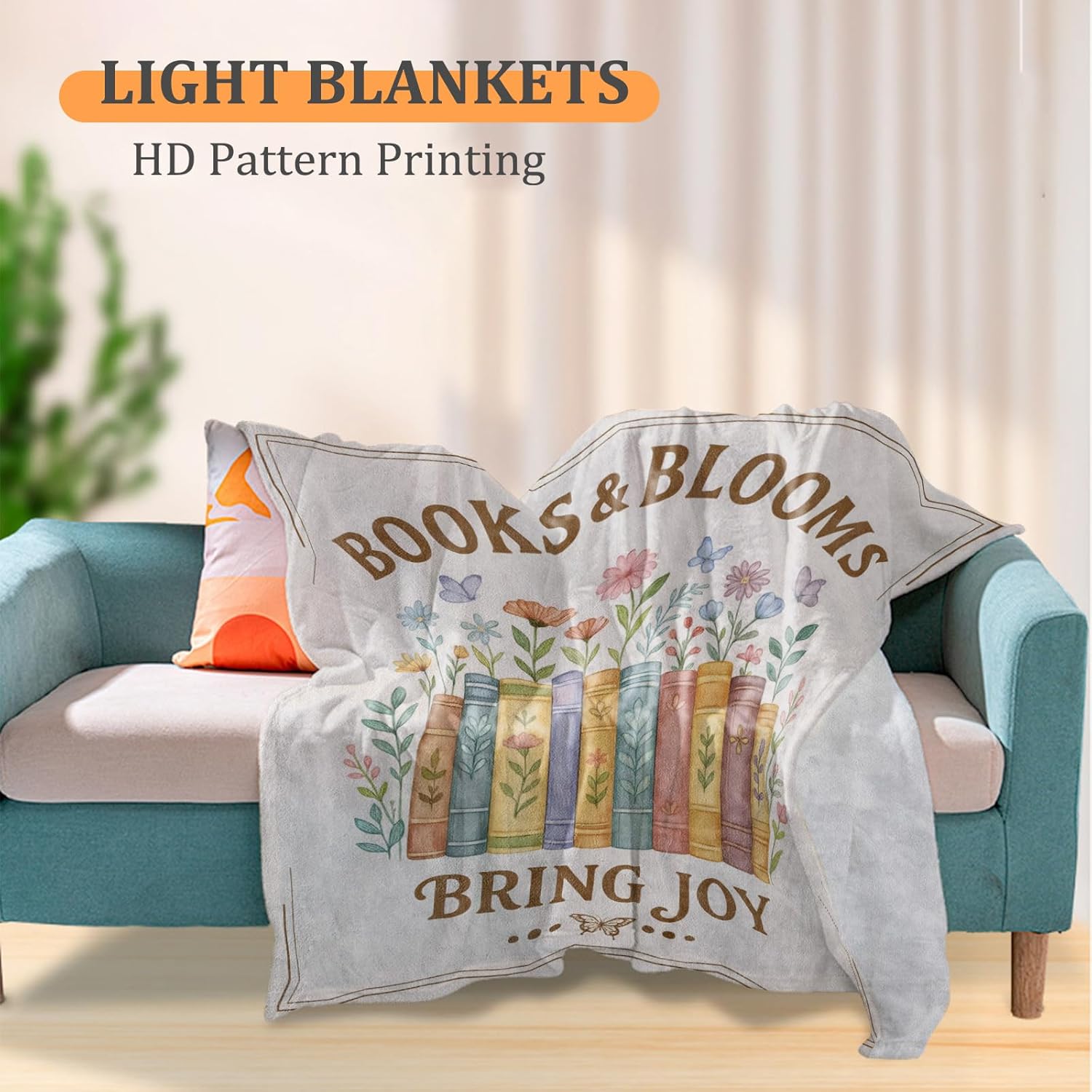 Charming Book Blanket, Floral Reading Theme 60 x 50 Inch Flannel Throw Blanket, Gifts for Women Kids, Lightweight Cozy Warm Blankets for Sofa Travel Home Decor - Image 2