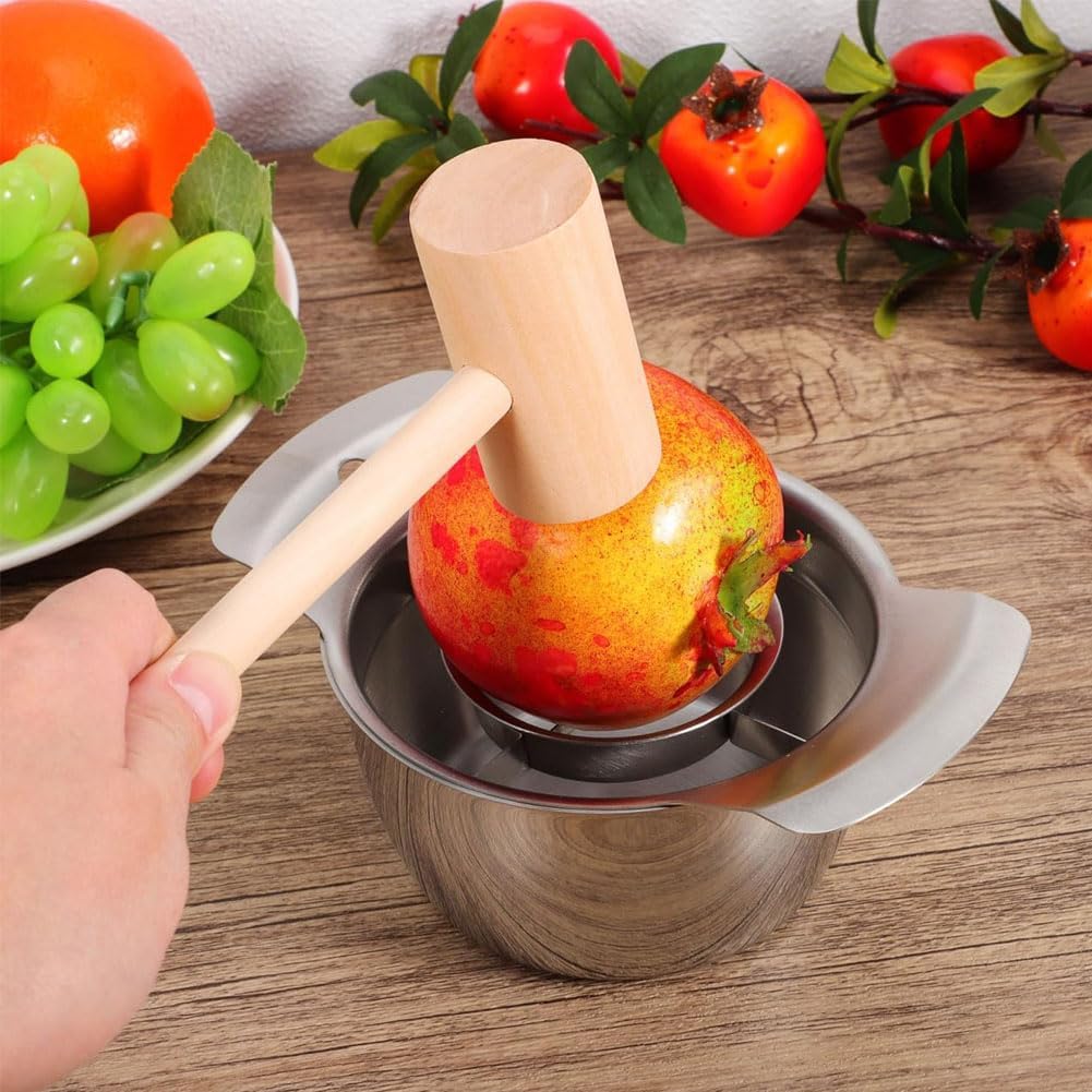 304 Stainless Steel Pomegranate Peeling Tool,Pomegranate Peeling Tool Set with Bowl and Wooden Hammer,Non-Slip Design,Efficient Peeling (Peeler+Bowl+Hammer)