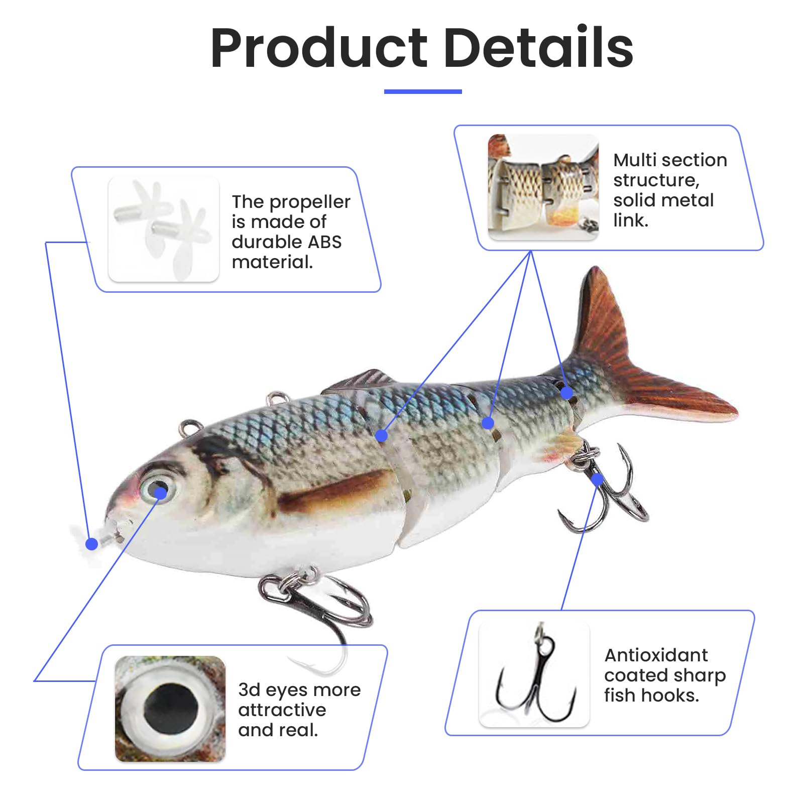 Leurre de pêche électrique robotique multi-articulé rechargeable USB avec lumière LED verte pour brochet perche truite