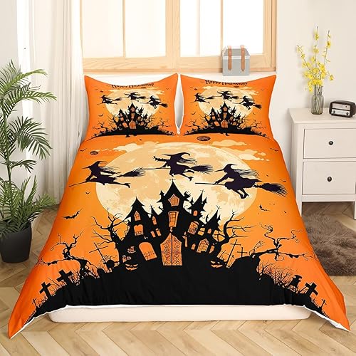 Miniatura 9 de Manfei Juego de funda de edredón de Feliz Halloween, tamaño matrimonial, funda de edredón de fantasmas de gnomos lindos con 2 fundas de almohada,