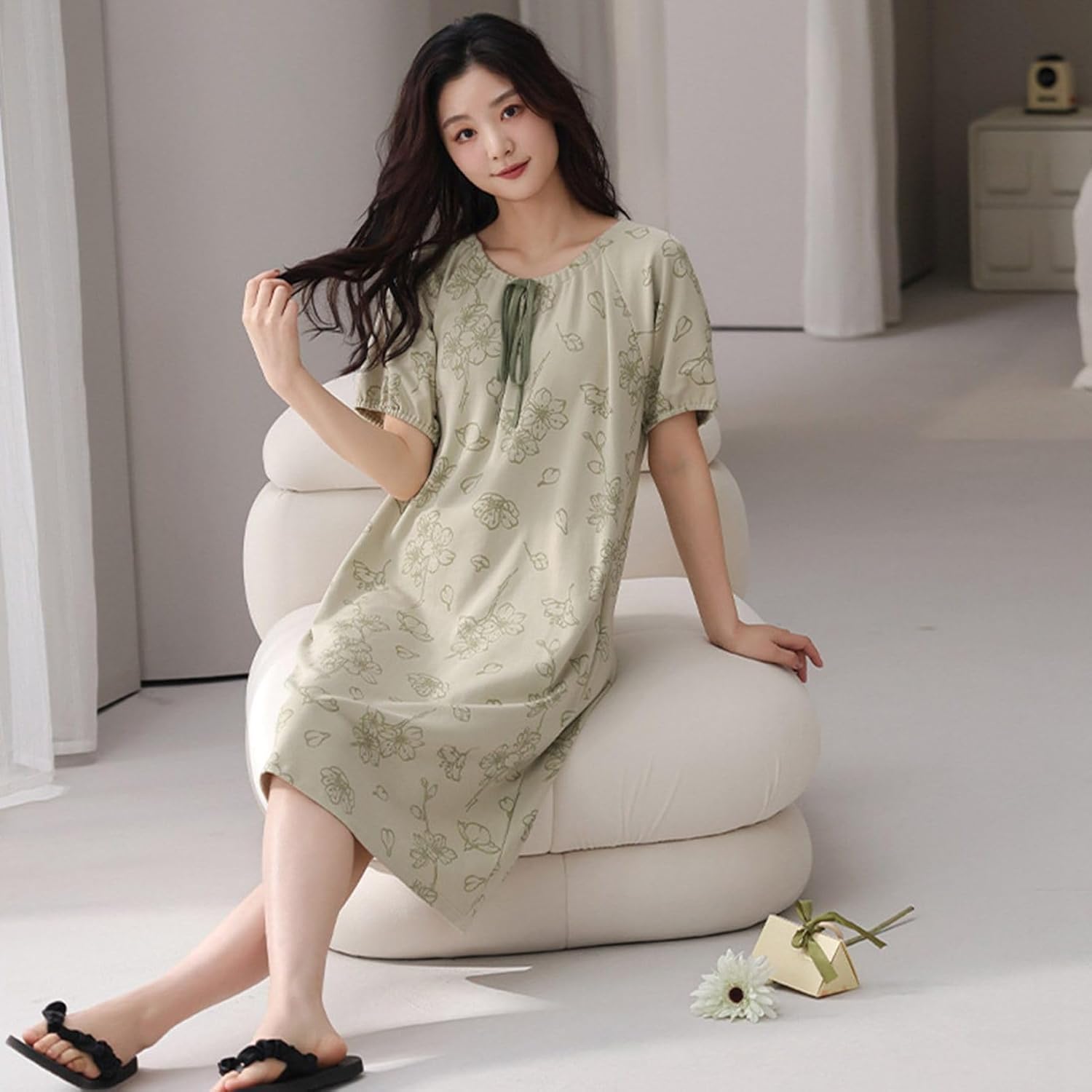 [GUREITOJP] レディース ルームワンピース パジャマ コットン100% 夏物 プルオーバー フリル 蝶結び ロングワンピー