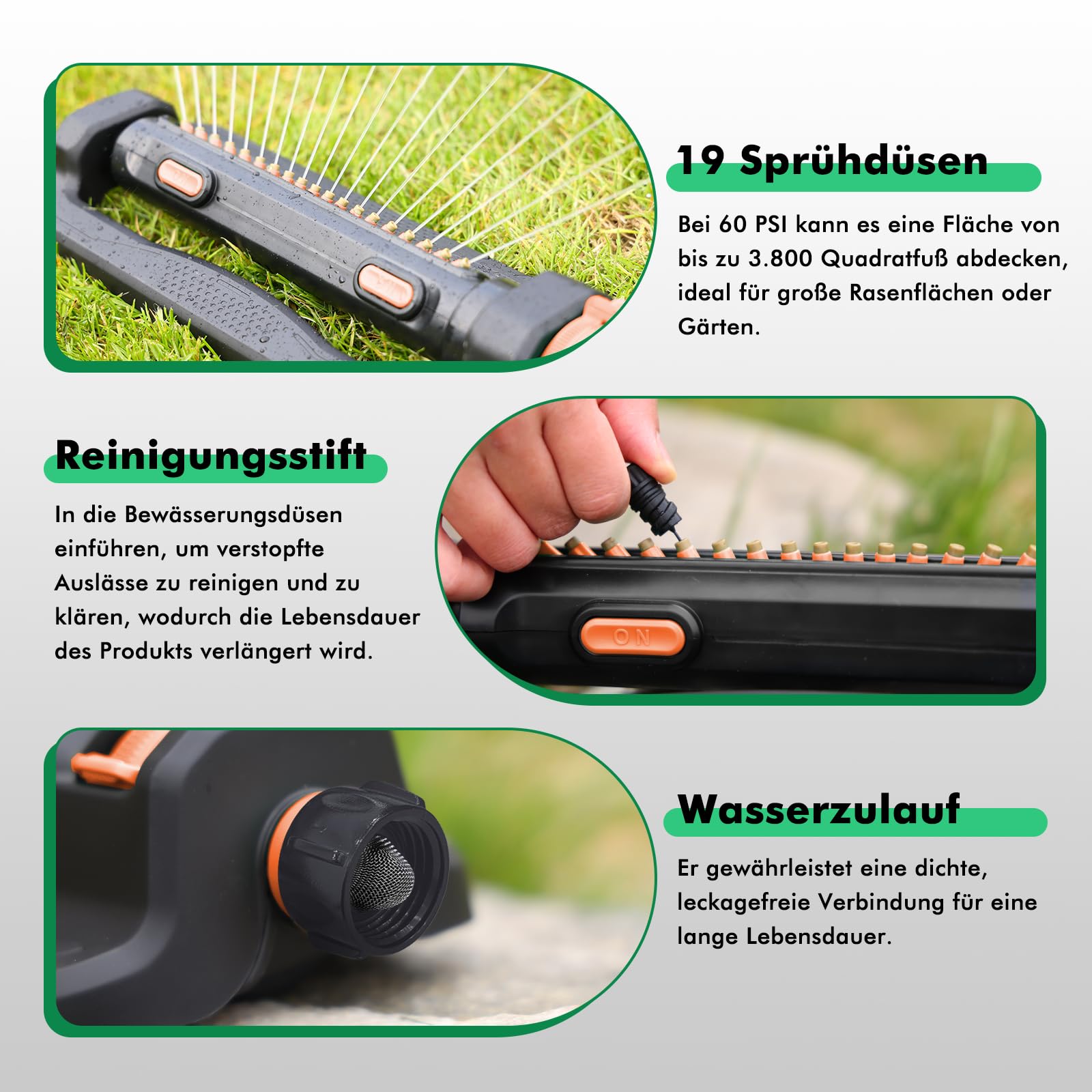 RESTMO Rasensprenger für 390 m², mit 19 Düsen & Gewichtssockel, Gartensprinkler-System mit Einstellbarer linker/rechter/Vollflächen-Beregnung für Garten und Rasen, Orange