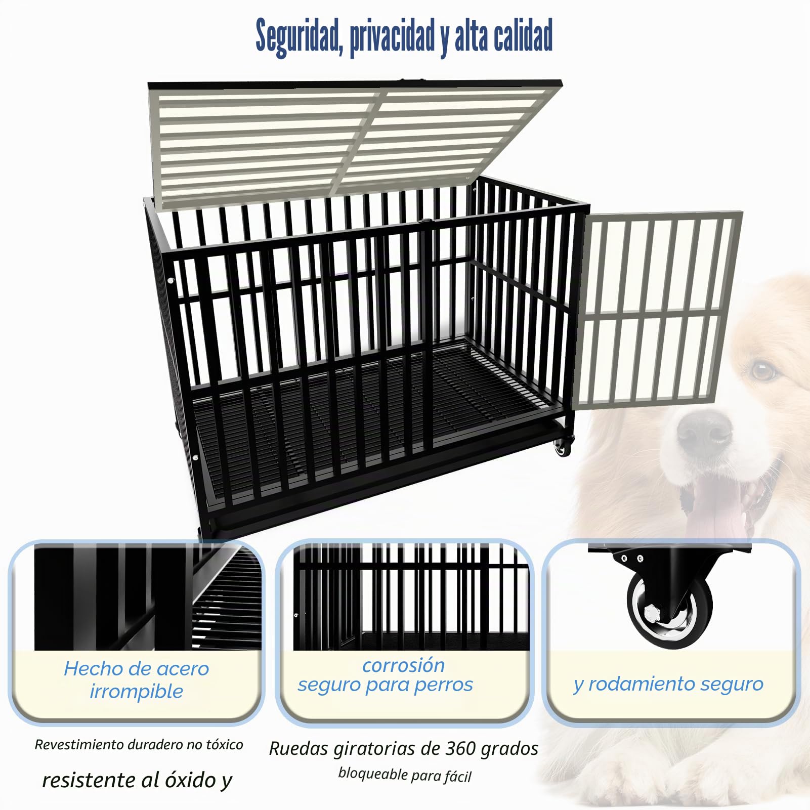 Gran Jaulas para Perros Grandes, perreras de Acero aleado Pesadas e indestructibles, con Ruedas bloqueables, Puertas Dobles y cerraduras robustas, jaulas para Perros de Alta ansiedad XL XXL
