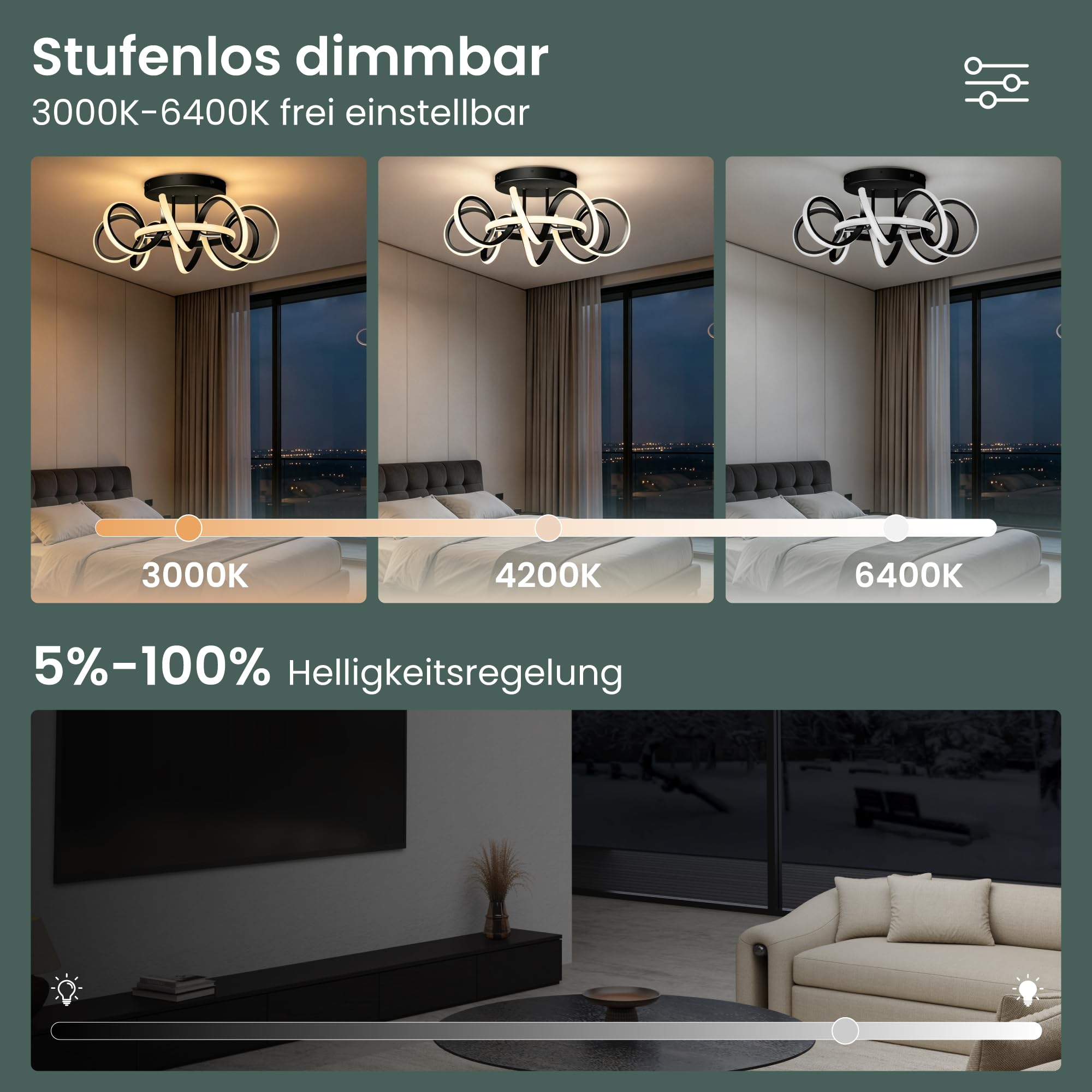 Deckenlampe 58cm, dimmbar, LED Deckenleuchte mit Fernbedienung | 3000-6400K, 112W Schwarz,Moderne,für Schlafzimmer, Wohnzimmer, Kinderzimmer, Nuvora06