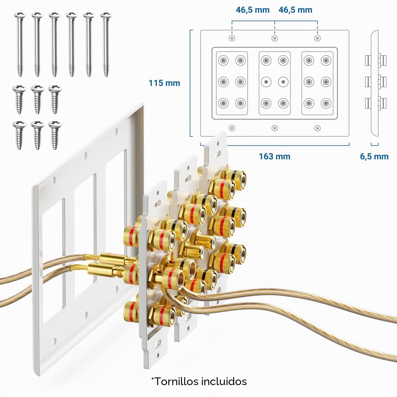 deleyCON Toma de Conexión Toma de Pared para Altavoz Placa de Pared con Enchufes Tipo Banana para Sistema Surround Sound 7.1 y Subwoofer para Cine en Casa