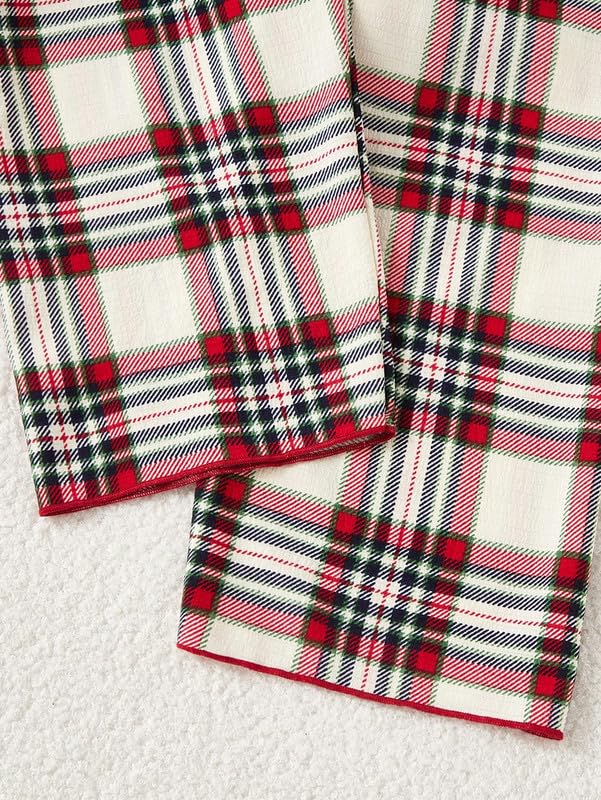 PABROS Girl's Cotton Lycra Pajama Set, Button-Down Long Sleeve Top with Pants, Checkered Pattern, Summer Loungewear Sleepwear Cream 4
