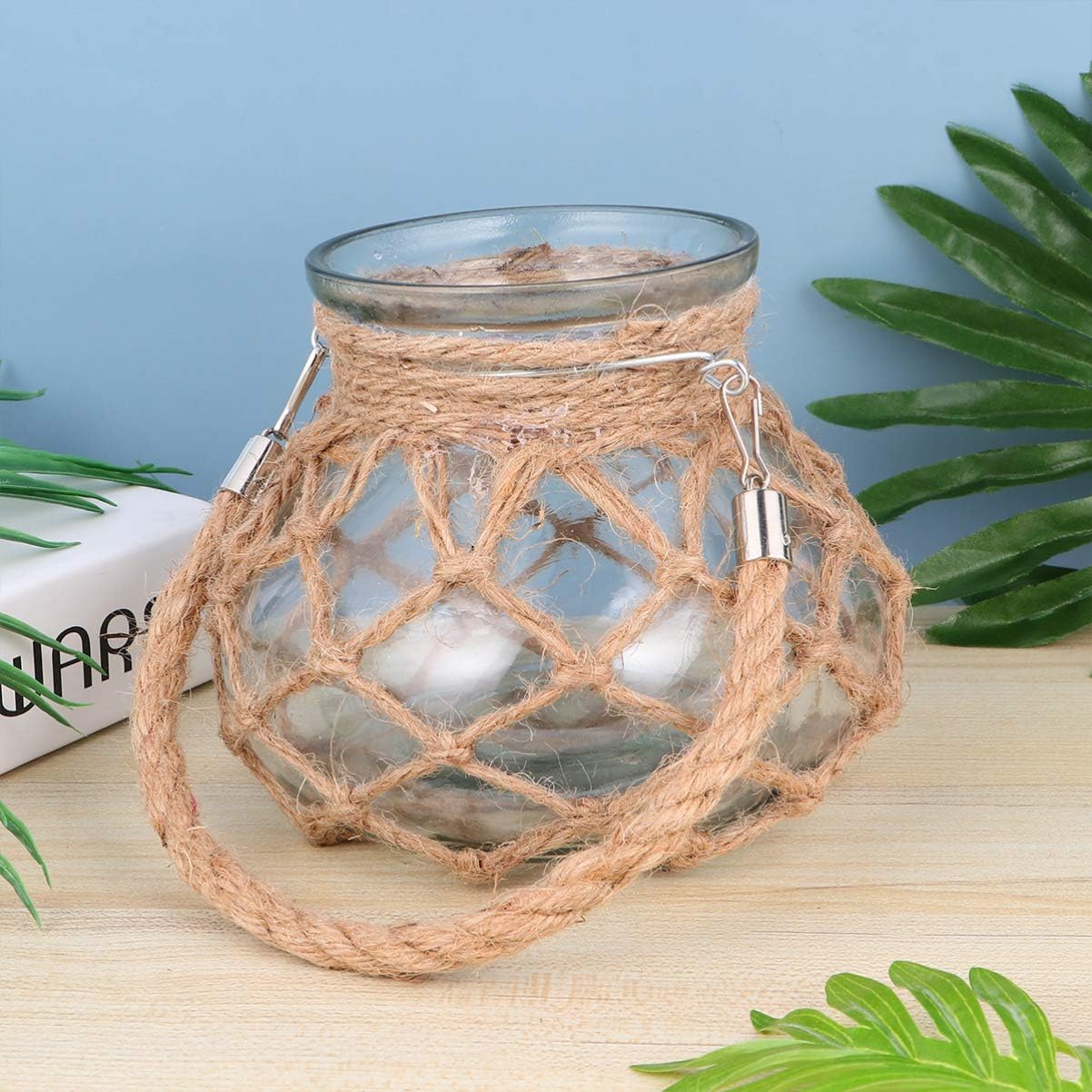 Glass Jar Vase Rope Rustic Rope Net Flower Vase Decorative Dry Flower Glass with Handle Hydroponics Green Plant Container Clear