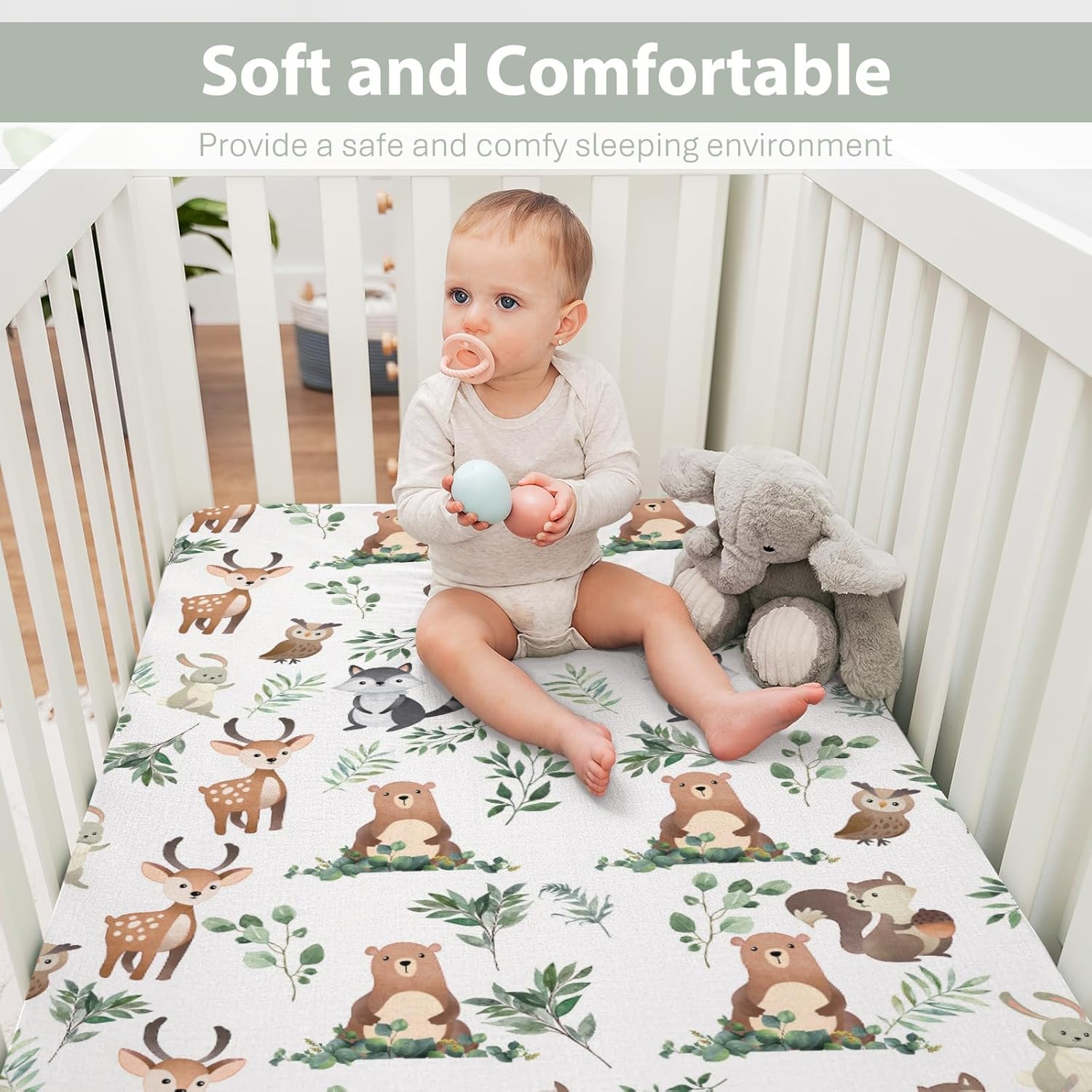 Cute Animals Green Leaves Baby Crib Sheets for Boy Girl 52"x28" Bear Deer Squirrel Bunny Owl Soft Snug Fitted Crib Mattress Cover Wild Animals Nursery Baby Sheet for Crib & Toddler Bed Mattresses