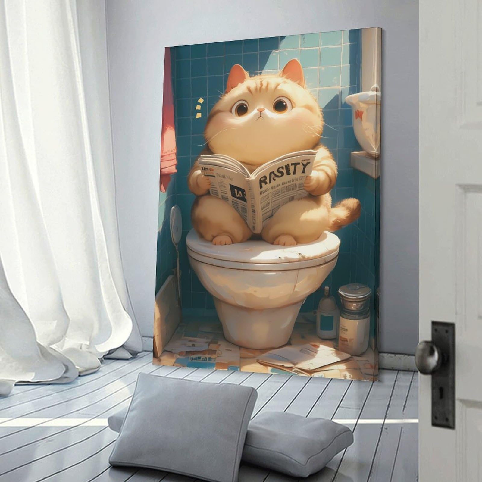 Junmoney Chubby Cat Toilet Reading Wall Art Print, 24x36inch(60x90cm), for Entryway, Lounge Links Or Small Walls, Decorative Wall Art for Narrow Spaces