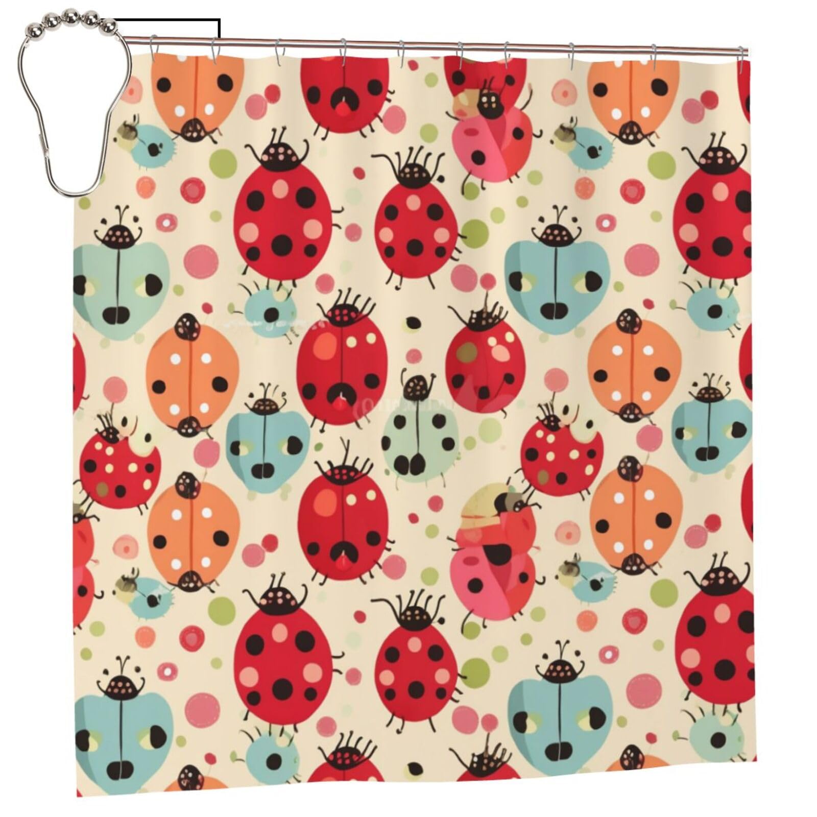 BWWHCCTI Ladybugs Cartoon Pattern Printed Shower Curtain With 12 Iron Hooks Opaque Quick Drying Waterproof Shower Curtains Sets For Bathroom 183x183 CM