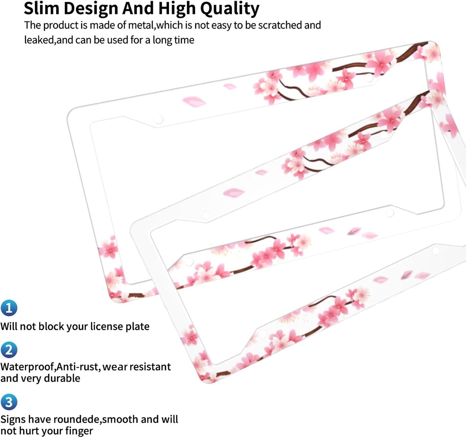 Pink Cherry Blossom On White Background License Plate Frame - 2Pcs Sakura Flower License Plate Holder Aluminum Metal Car Accessories Refreshing Cute Anime Design Fits Standard Us Vehicles with Screws image 4