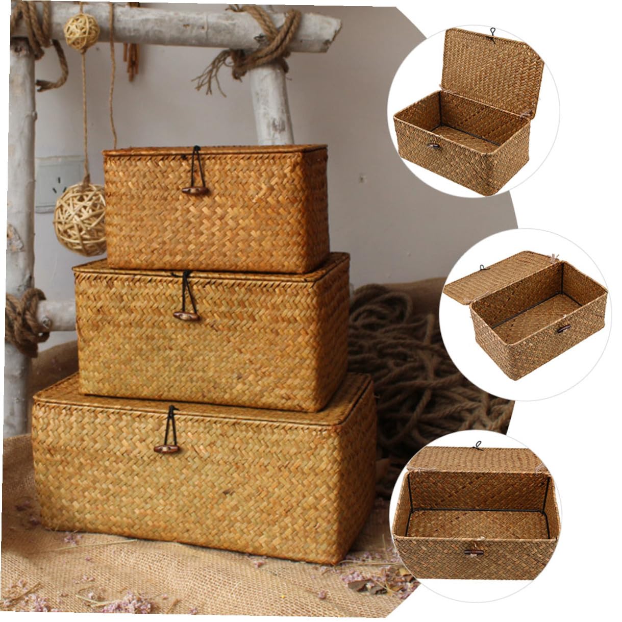 Levemolo 3 Stück Aufbewahrungskörbe aus Seegras mit Deckel Geflochtene Rustikale Aufbewahrungskorb Boxen mit Feiner Verarbeitung für Kosmetik und Schreibtisch