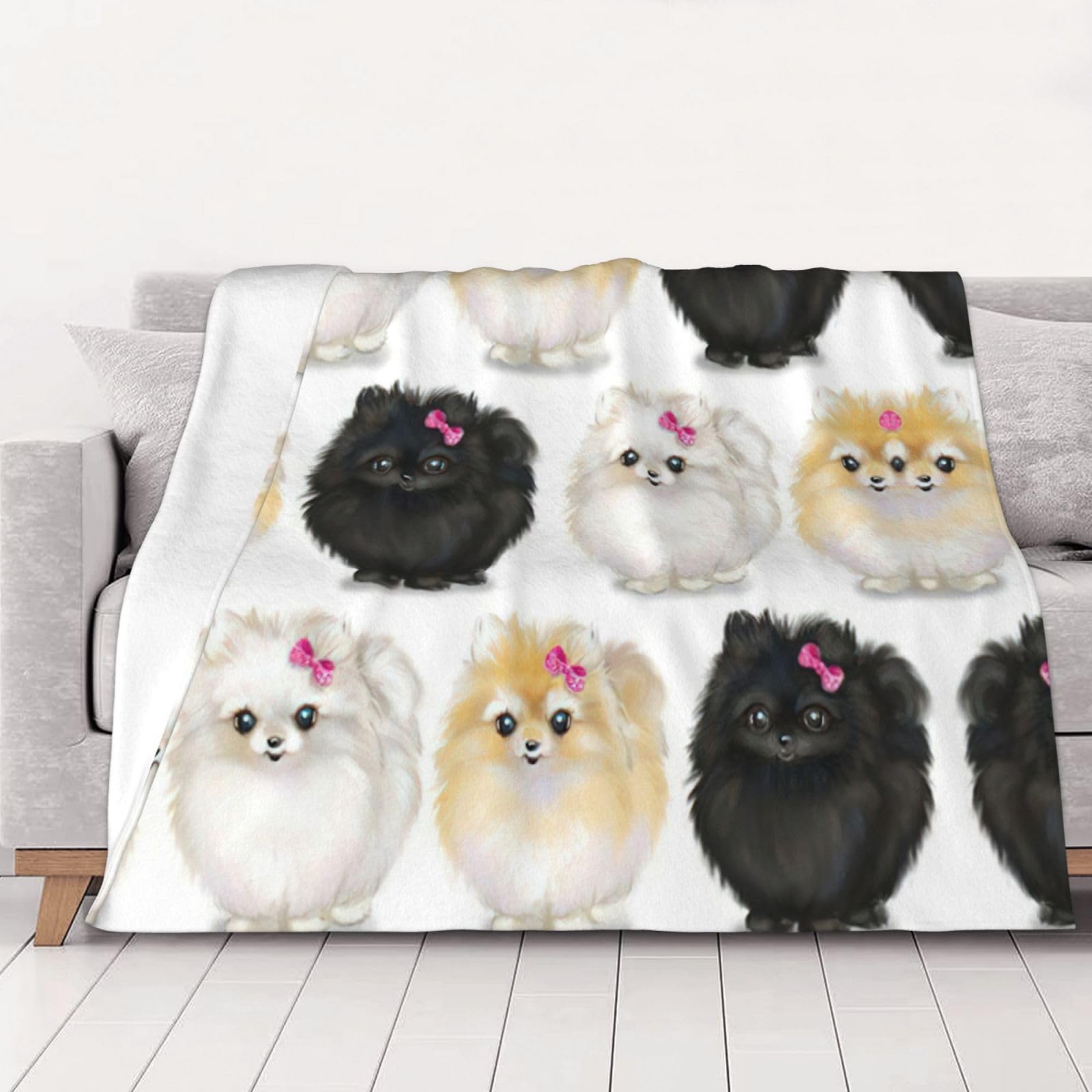 Couverture super douce motif Poméraniens, plaid lavable et chaud pour lit de chambre