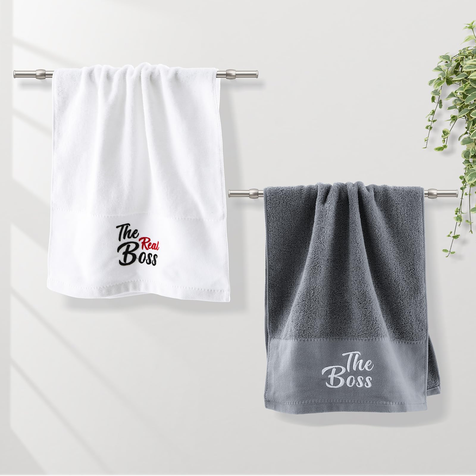 2 Pezzi Asciugamano Regali Per Coppia 35 x 70 cm Regalo Di Natale Per Partner Asciugamano The Boss & The Real Boss Regalo Di Anniversario Di Nozze Per Coppie Per Gli Sposi Bianco Grigio