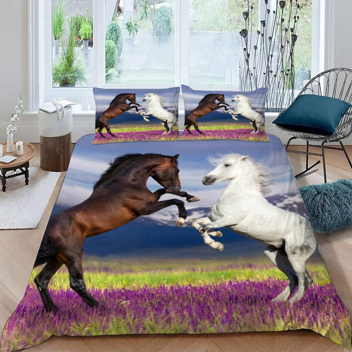 RFFLUX 3D Horse King size Bedding Sets 3 Pieces 220x230 Ultra Soft Microfiber Couple Horse Duvet Cover with Zipper Closure Easy Care Quilt Cover with 2 Pillowcase for Adults Room Decor — image 1