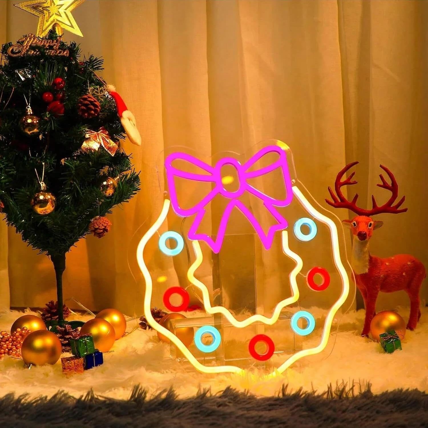 XENITE Luces Art Decoration Christmas Letrero De Neón Merry Wreath Para Decoración De Pared, Lámpara De Pared Alimentada Por USB, Decoración De Habitación Para Bar, Fiesta 32.5x30.9cm