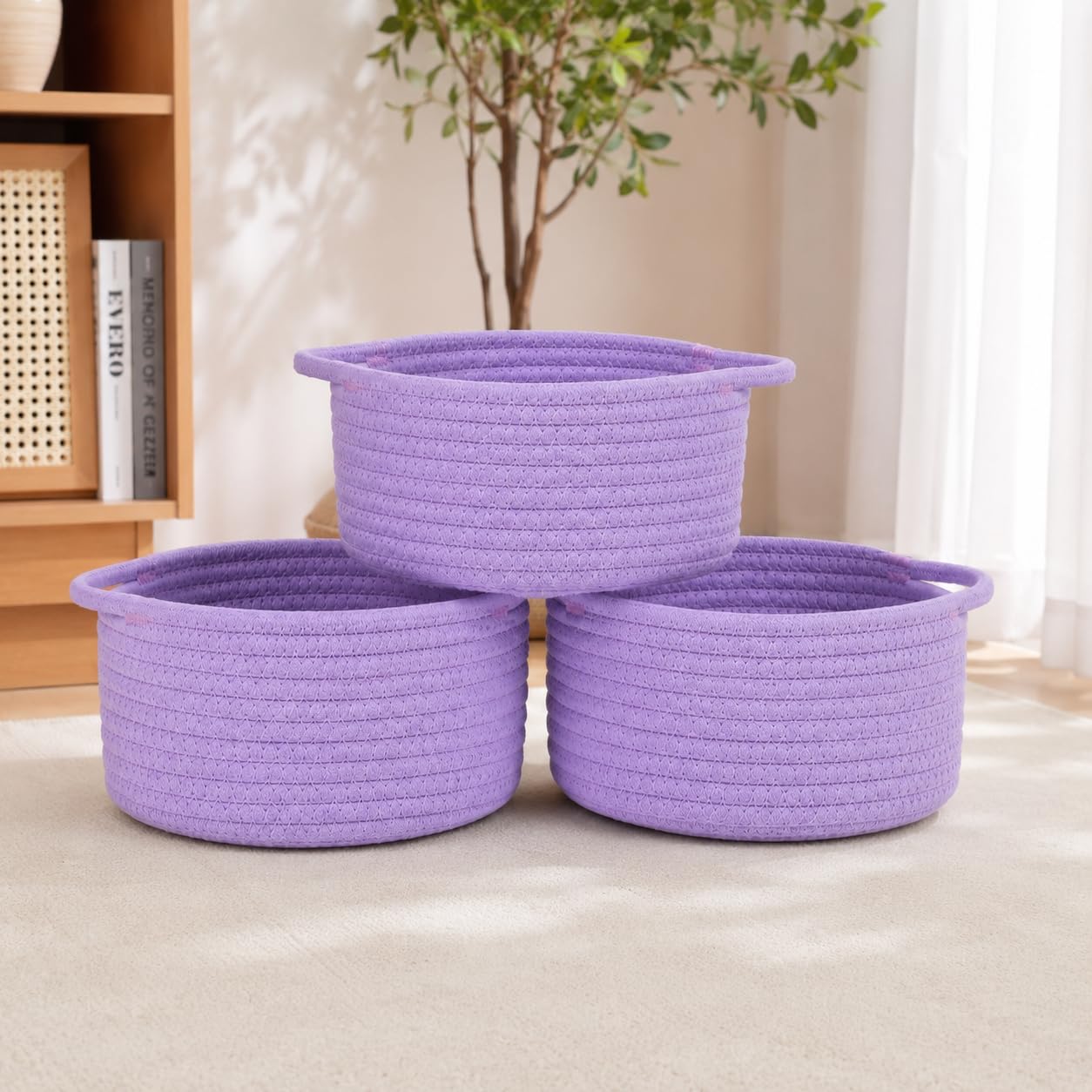 Small Woven Cotton Rope Baskets with Handles, Set of 3, Purple