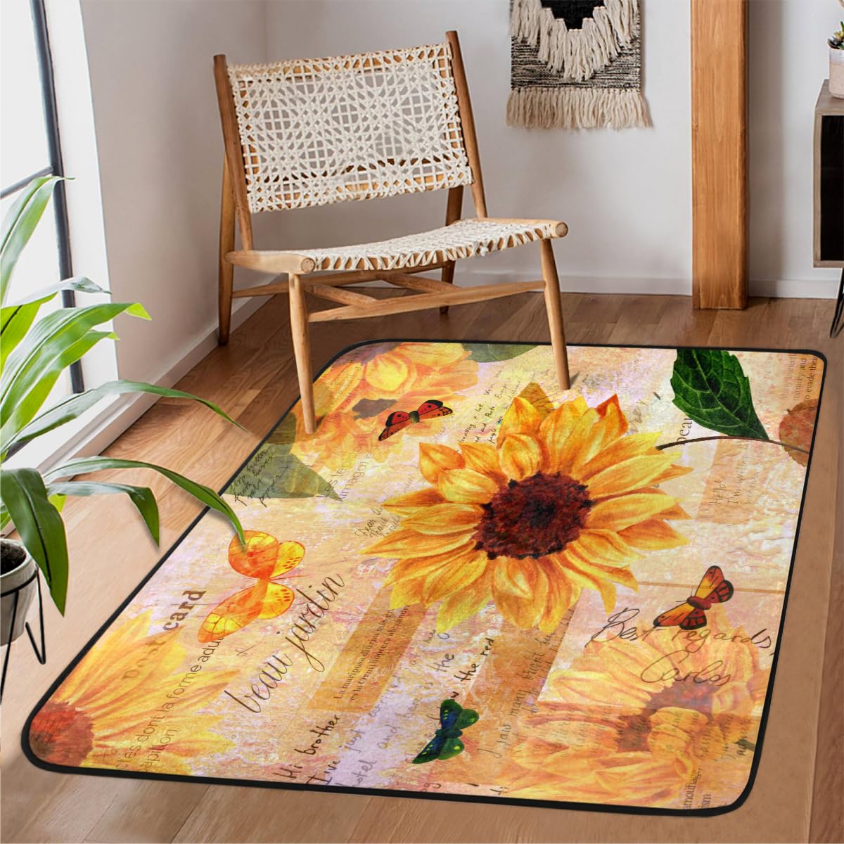 Grand tapis vintage antidérapant de salon chambre enfant motif tournesols papillons 122x160