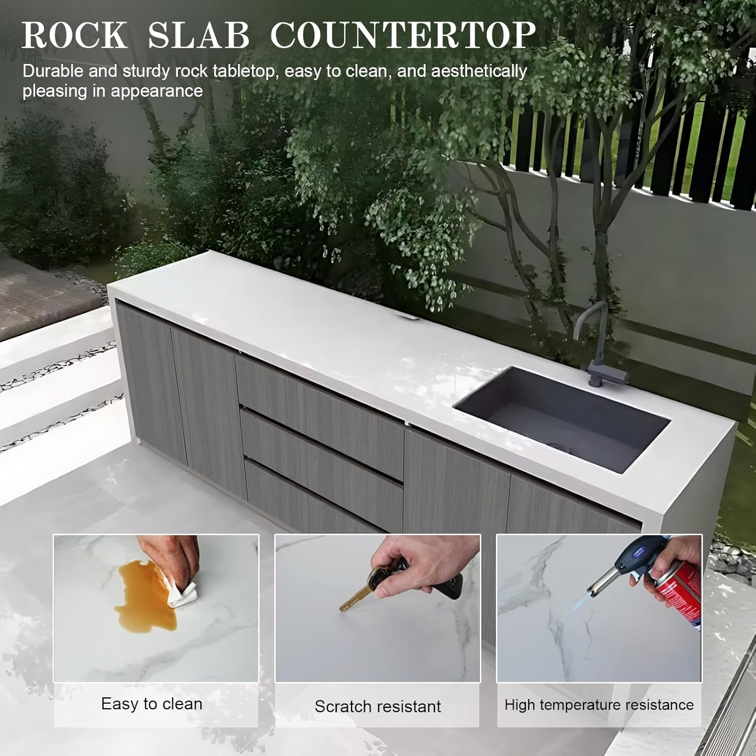 Outdoor Laundry Utility Sink Cabinet with Gray Simple Design and Aluminum Alloy Cabinet Door Panel, Kitchen Table with Stainless Steel Sink,Slate Textured Countertop(78.74IN)