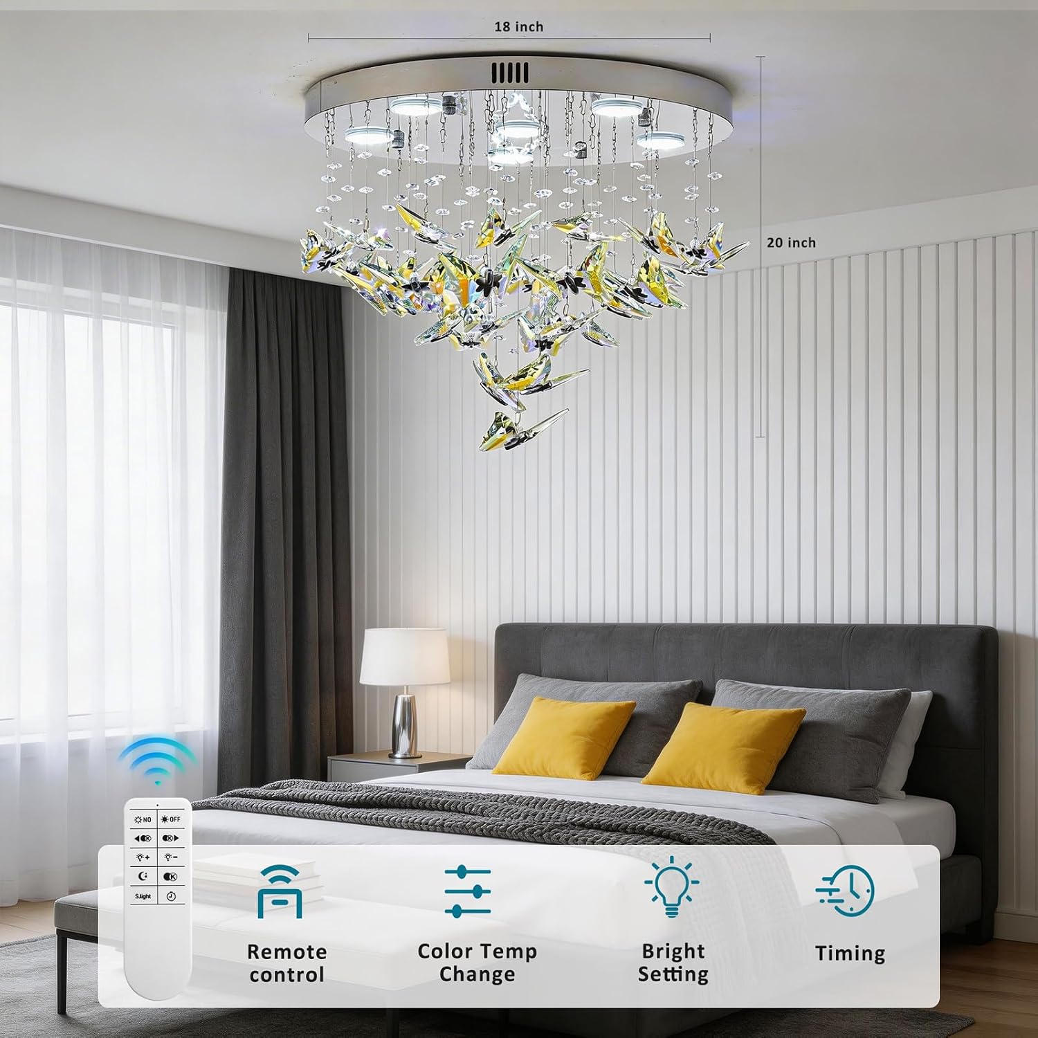 18 inch Modern LED Crystal Ceiling Light, Flush Mount Crystal Chandelier with Remote and APP Control, 3CCT Dimmable, Elegant Butterfly Ceiling Chandeliers for Dining Room Bedroom Living Room Foyer