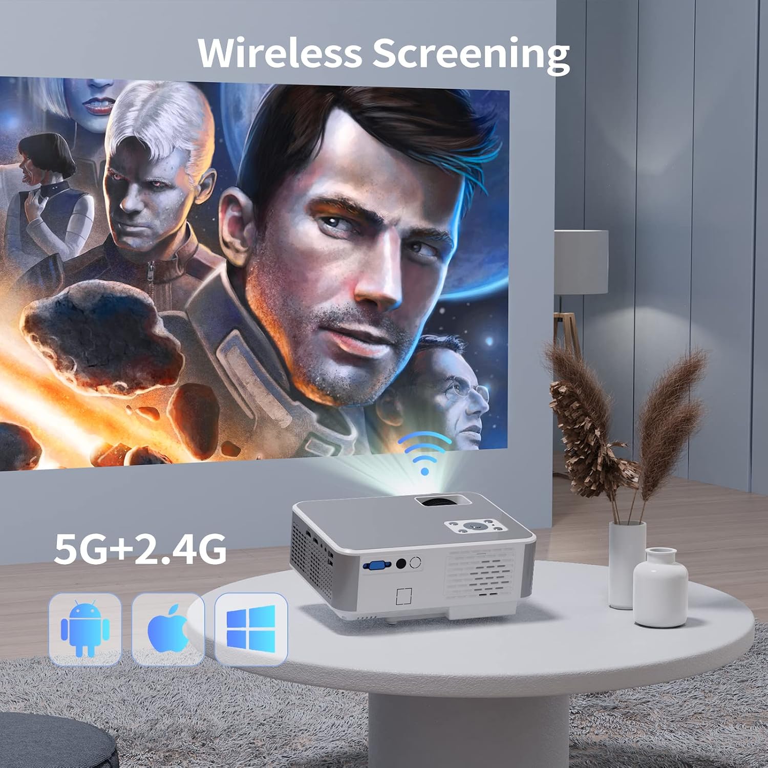 Image depicting the projector wirelessly screening content from Android, Apple, and Windows devices via 5G+2.4G WiFi.