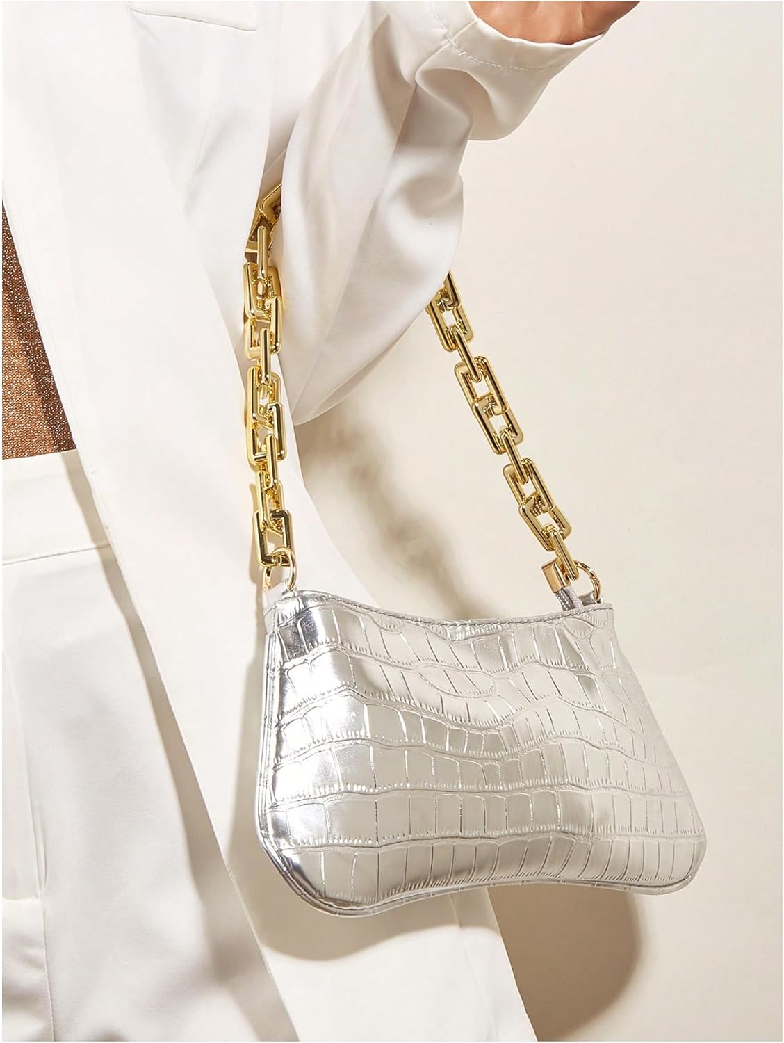 GORGLITTER Women's Gold Metallic Shoulder Bag Evening Party Mini Clutch Purse Chain Zipper Closure Wedding Handbag - Image 4