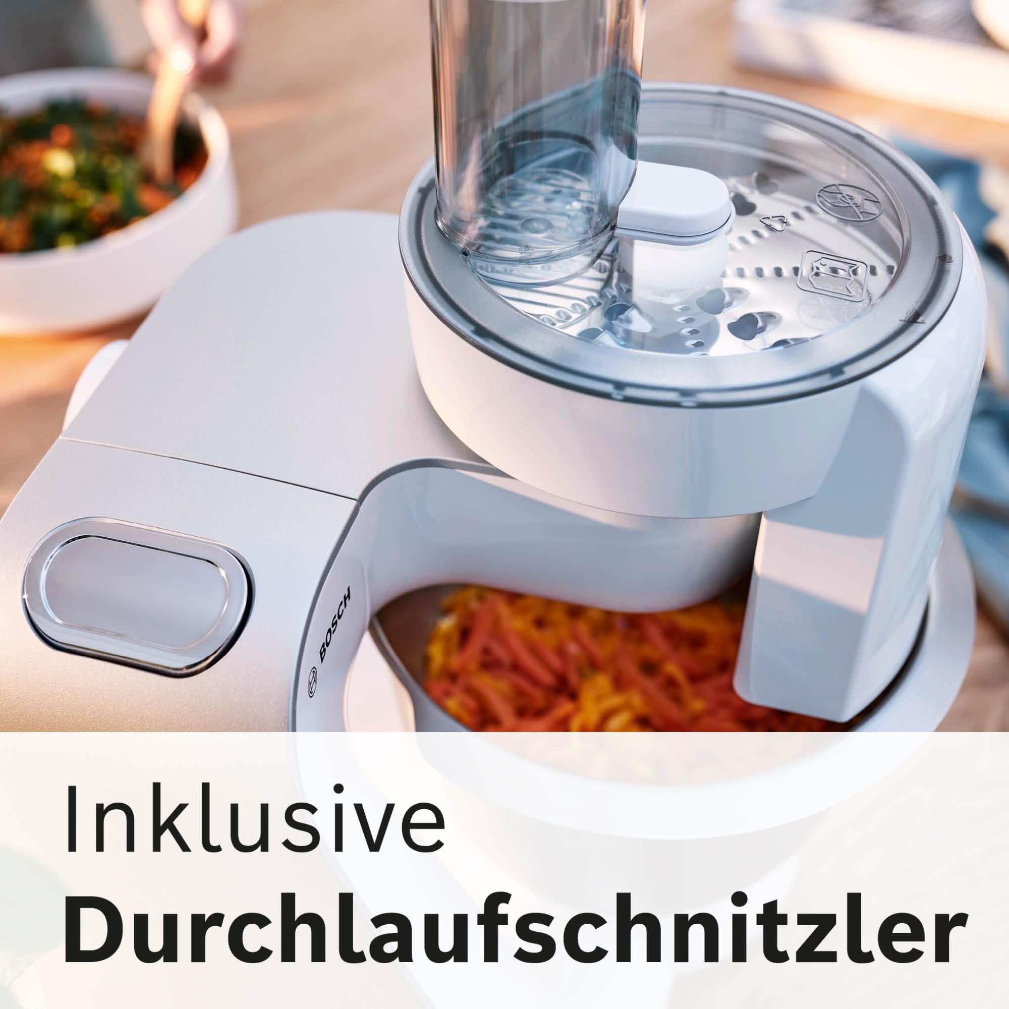 Bosch Küchenmaschine Serie 4, Edelstahl-Schüssel 3,9 L, Patisserie-Set Edelstahl, Knethaken, Schlagbesen, Rührbesen, Durchlaufschnitzler, 3 Scheiben, 1000 W, weiß/silber, MUM58210
