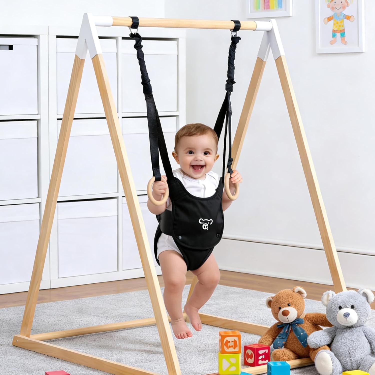 2-in-1 Türhopser Baby und Schaukel, Montessori-Holzschaukelset mit Gestell für drinnen und draußen, Baby-Hüpfer und Hängemattenschaukel mit 5-Punkt-Sicherheitsgurt, Geeignet für Kinder bis 3 Jahre