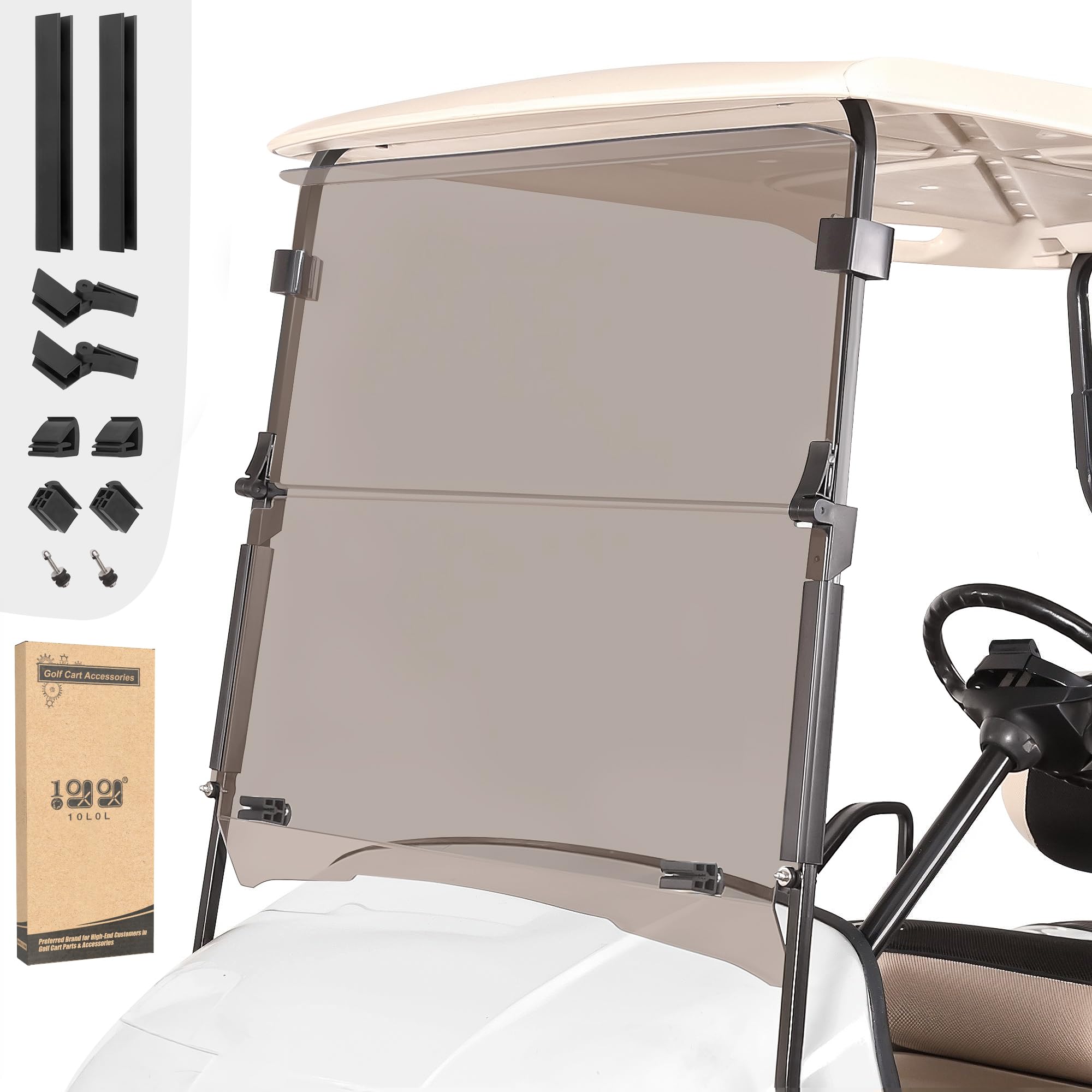 10l0l golf-cart-windshield for ezgo-txt 1995 to 2013 & medalist models windshield replacement with tinted foldable uv protection and impact resistant acrylic shield (brown-tinted)