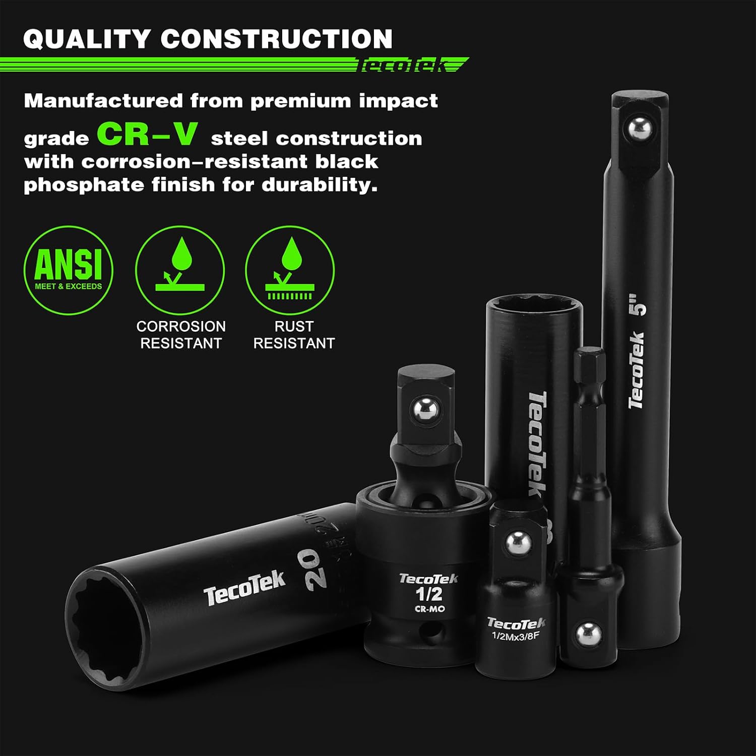 1/2" Drive Deep 12-Point Impact Socket Set, 32-Piece Socket Set, SAE 3/8-1-Inch and Metric 10-24mm Size, Includes Extension Bars, Universal Joint and Adapter, CR-V Steel