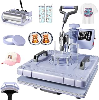 Seeutek 5 in 1 Heat Press Machine 15x15 Inch, Swing Away Sublimation Heat Transfer Press with 20oz & 30oz Tumbler Attachments for T-Shirts, Mugs, Hats & Plates, Lavender