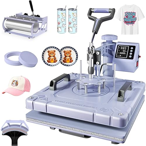 Seeutek 8 in 1 Heat Press Machine 15x15 Inch, Swing Away Digital Sublimation Heat Transfer Press with 20oz & 30oz Tumbler Attachments for T-Shirts, Mugs, Hats & Plates, Lavender