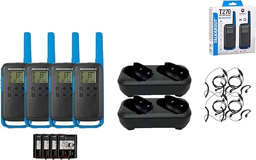 Miniatura 1 de Motorola Solutions Radio bidireccional portátil FRS Talkabout T270, paquete de 4 walkie talkies, azul/negro, 22 canales, PTT, cargadores duales