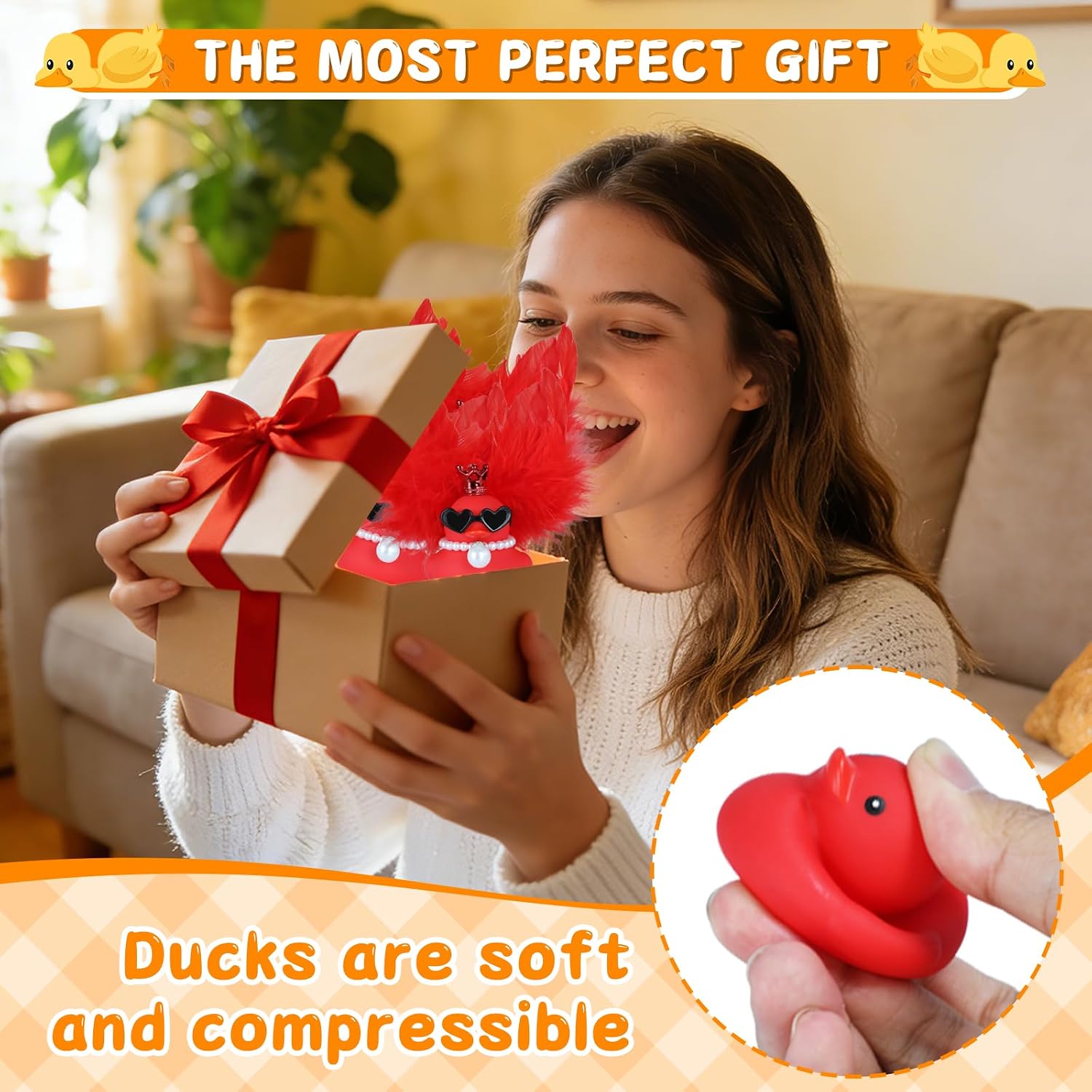 Red Angel Feather Duck with Crown, Pearl Necklace (with Pendant) & Sunglasses, Mini Rubber Duck for Fashionable Car, Office & Home Accessory image 4