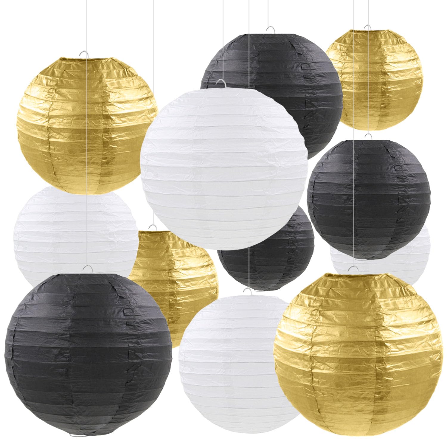 12 lanterne di carta da appendere in oro nero e bianco per Capodanno, matrimonio, laurea, anniversario, festa di compleanno, decorazione per la casa
