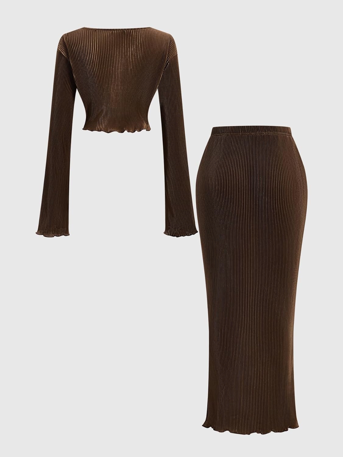 Women's 2 Piece Going Out Outfits Elegant Long Sleeve Crop Top and Maxi Skirt Matching Sets - Image 2