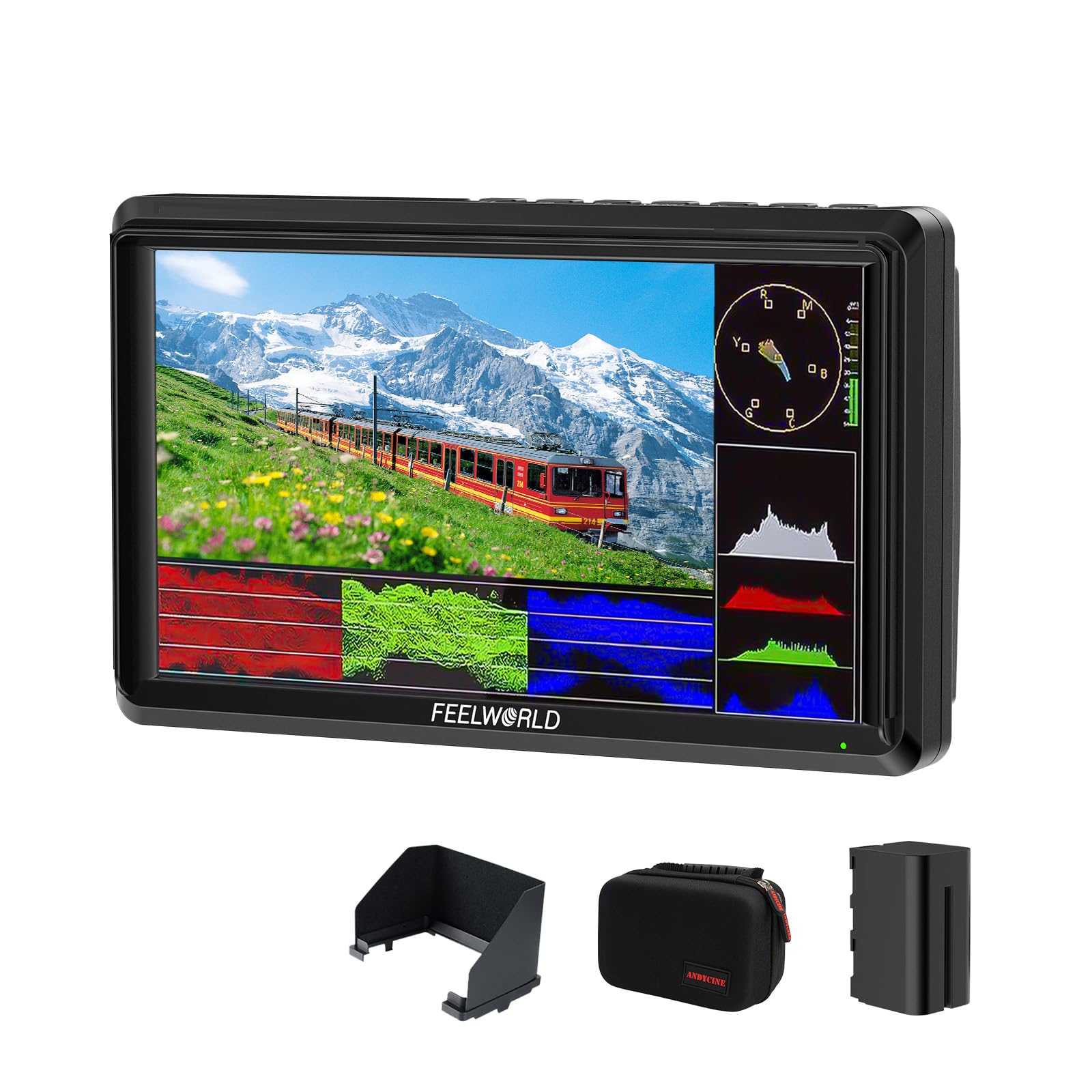 FEELWORLD S55E 5.5Inch Camera DSLR Field Monitor FHD 1920X1080 Personalizzato 3D LUT Camera Monitor 4K HDMI in Out Monitoraggio Forma d'onda Leggero con F750 4400mAh Batteria e Borsa