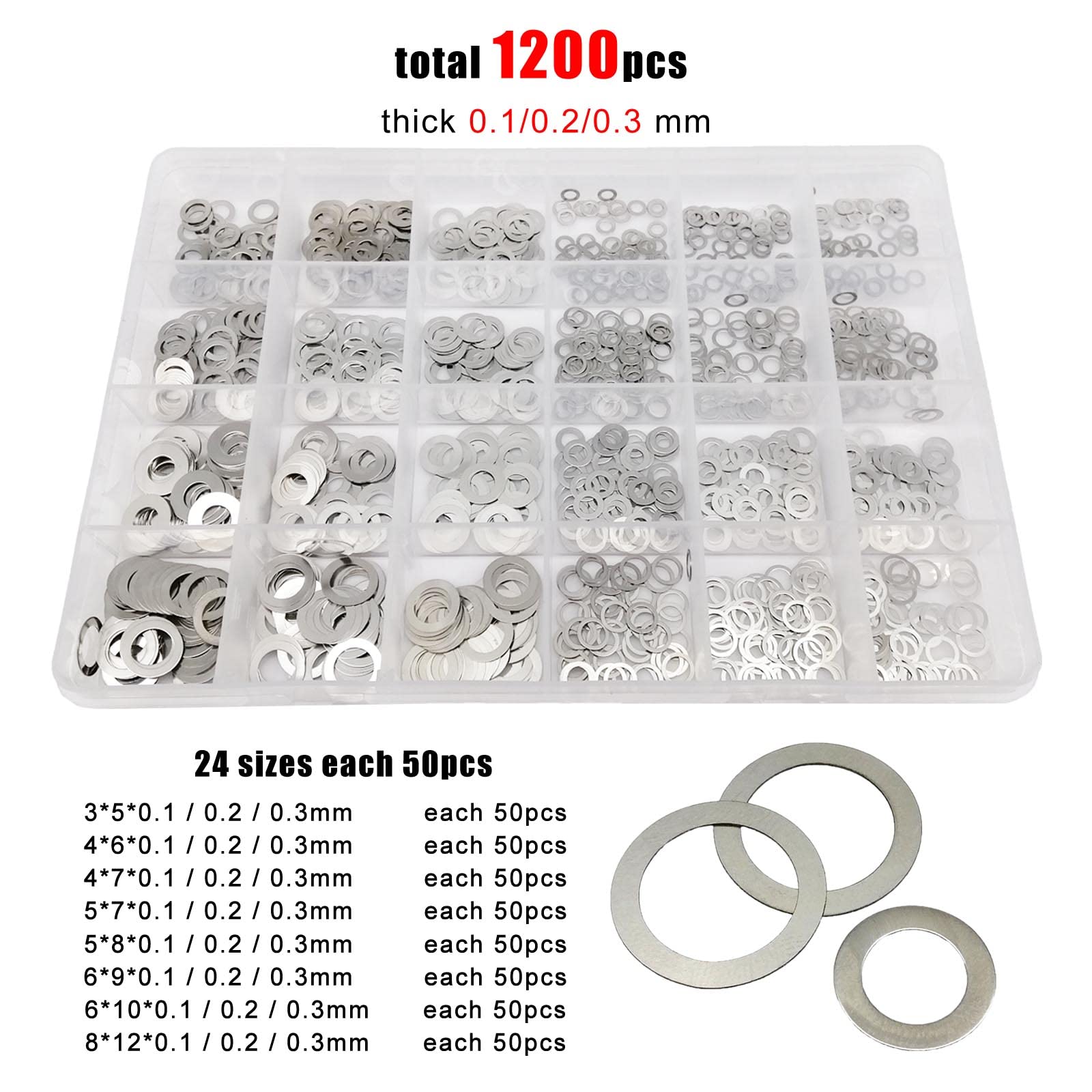 NOBRIM Rondelle Plate 500/1200pc M3 M4 M5 M6 M8 304 A2 Acier Inoxydable Ultra-Mince rondelle Plate Plaine Ultra-Mince réglage cale Ensemble Kit boîte Joint de réglage de précision
