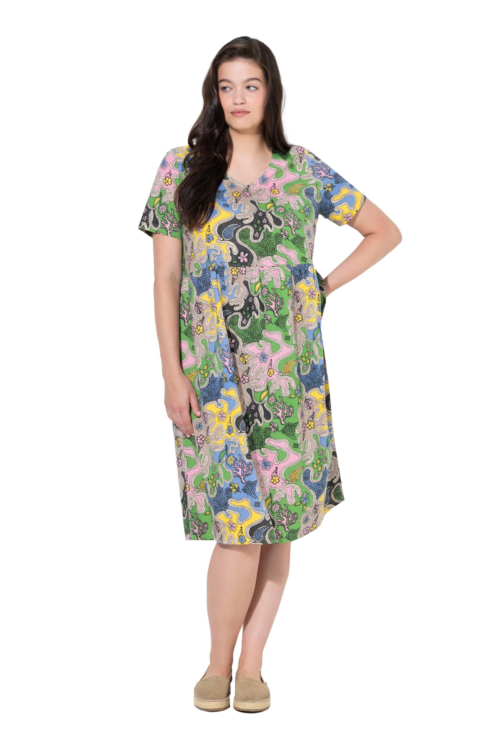 Ulla Popken Damen große Größen Übergrößen Plus Size Midikleid, Blüten, Rundhals, Halbarm, Biobaumwolle 846158