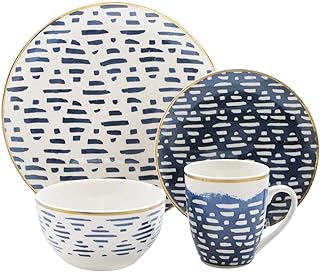 Delice Casual Round Dinnerware Set – 16-Piece Porcelain Party-4 Dinner & 4 Salad Plates, 4 Bowls, 4 Mugs – Gift for Special Occasion or Birthday, 10.5", Blue/White
