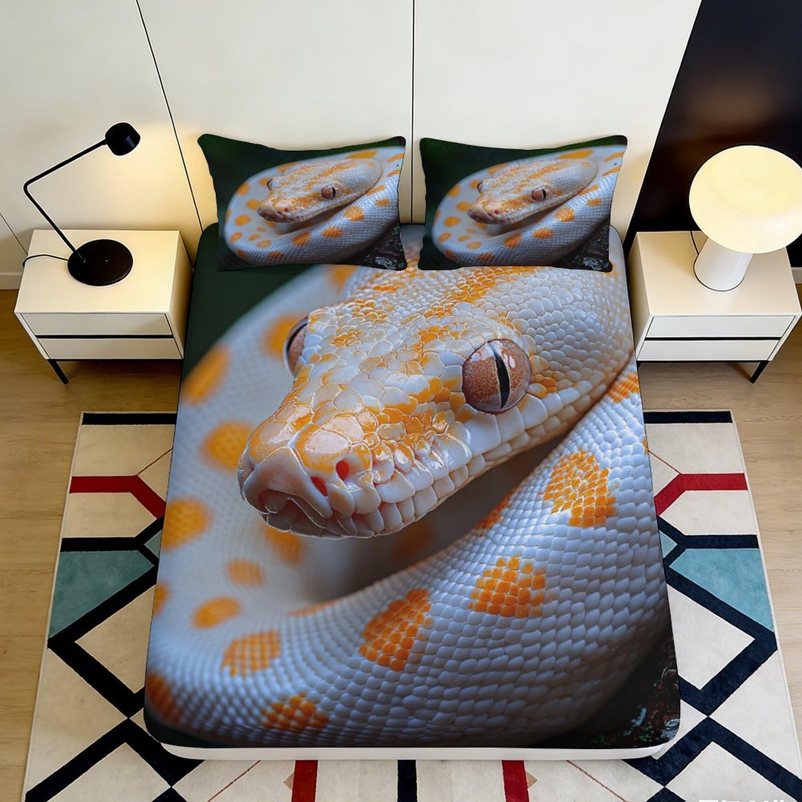 3D Printed Albino Python Fitted Sheet Microfiber Soft Orange Snake Bed Cover for Bedroom Dorm Mattress Protection Decor 90x200x25cm