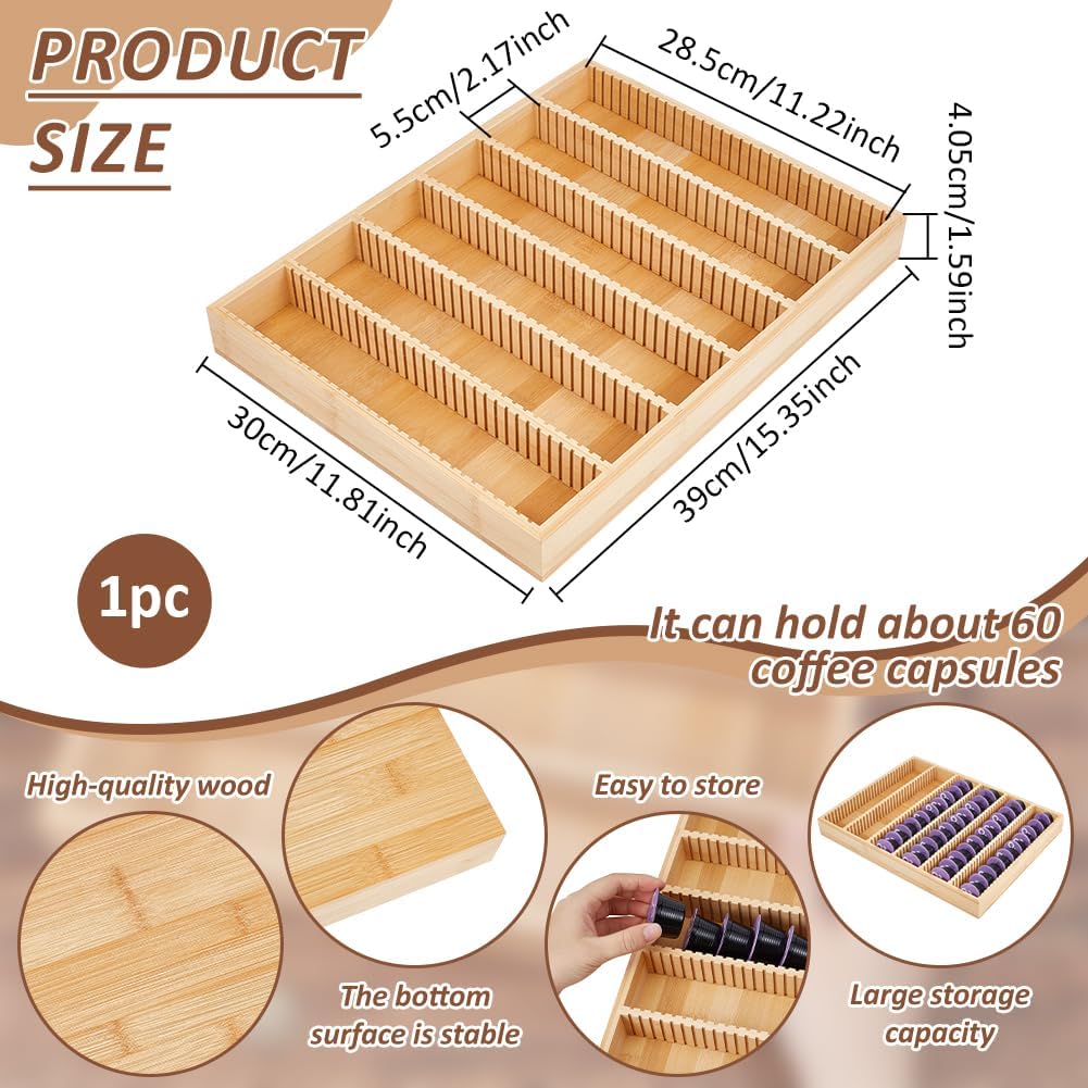 CUTHOLLOW Bamboo Coffee Pod Drawer Organizer for Coffee Pod Storage(About 60 Pods), Campatible with Coffee Pods for Kitchen, Office, Coffee Station
